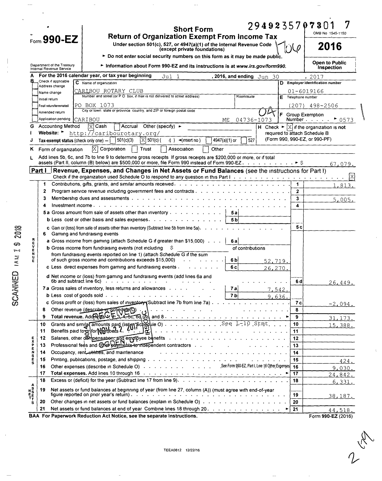 Image of first page of 2016 Form 990EO for Rotary International - Caribou Rotary Club