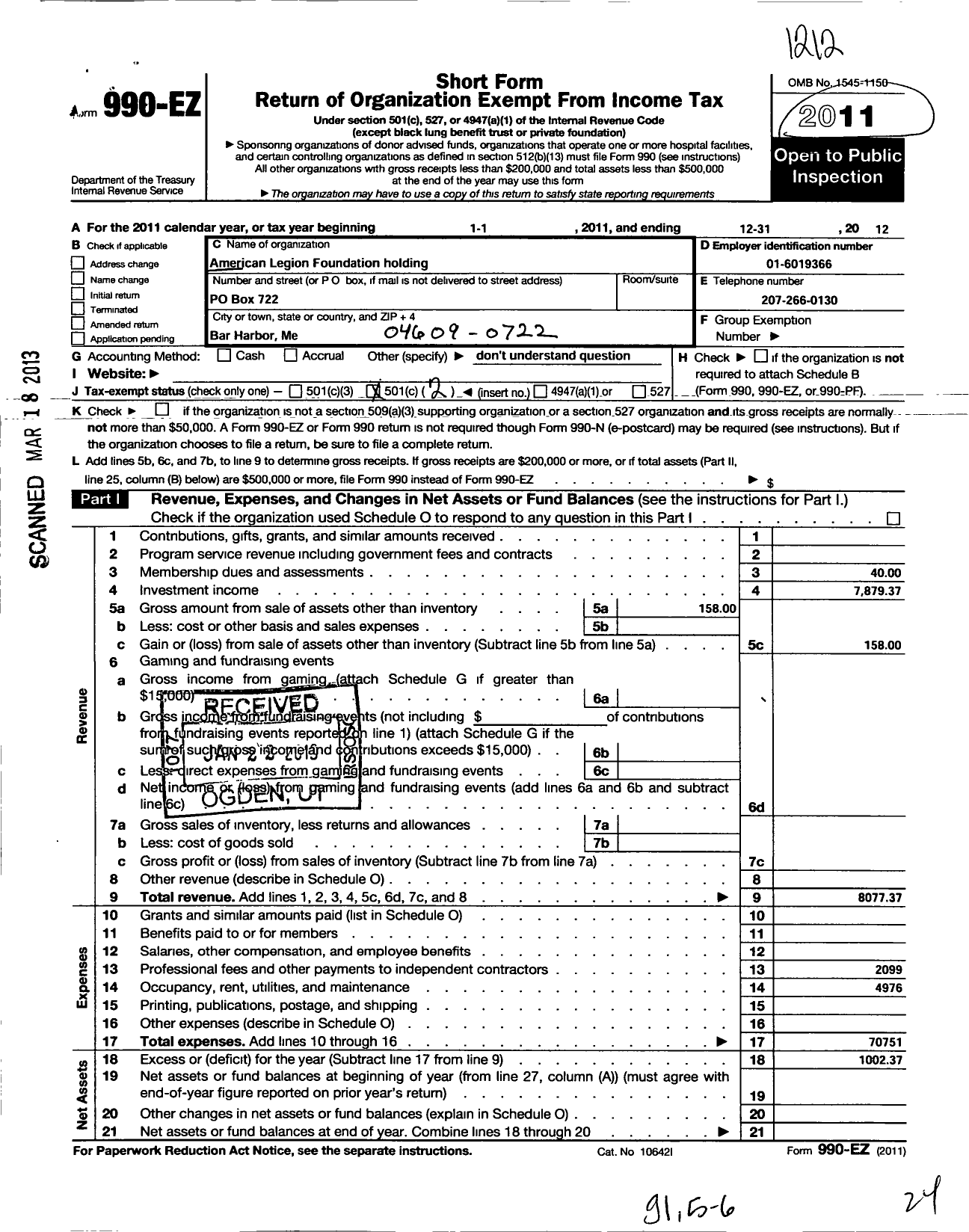 Image of first page of 2012 Form 990EO for American Legion Foundation Holding and Endowment Corp of Geo E Kirk-25