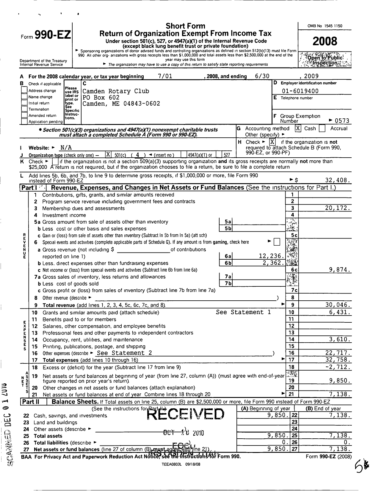 Image of first page of 2008 Form 990EO for Rotary International - Camden Rotary Club