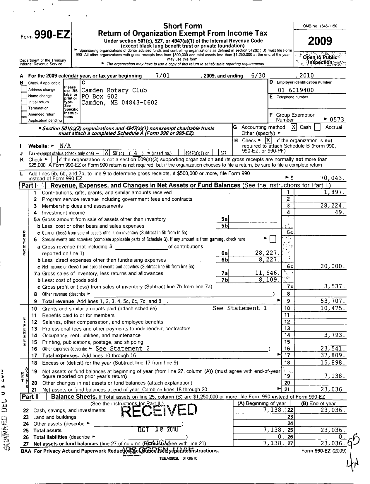 Image of first page of 2009 Form 990EO for Rotary International - Camden Rotary Club