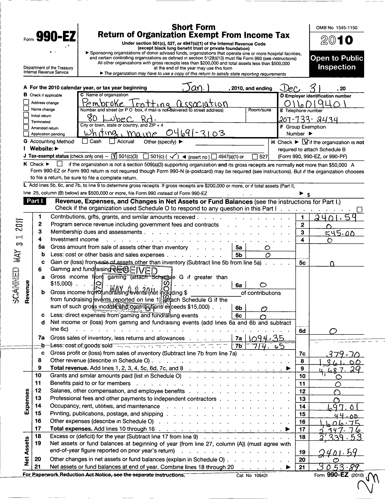 Image of first page of 2010 Form 990EZ for Pembroke Trotting Association