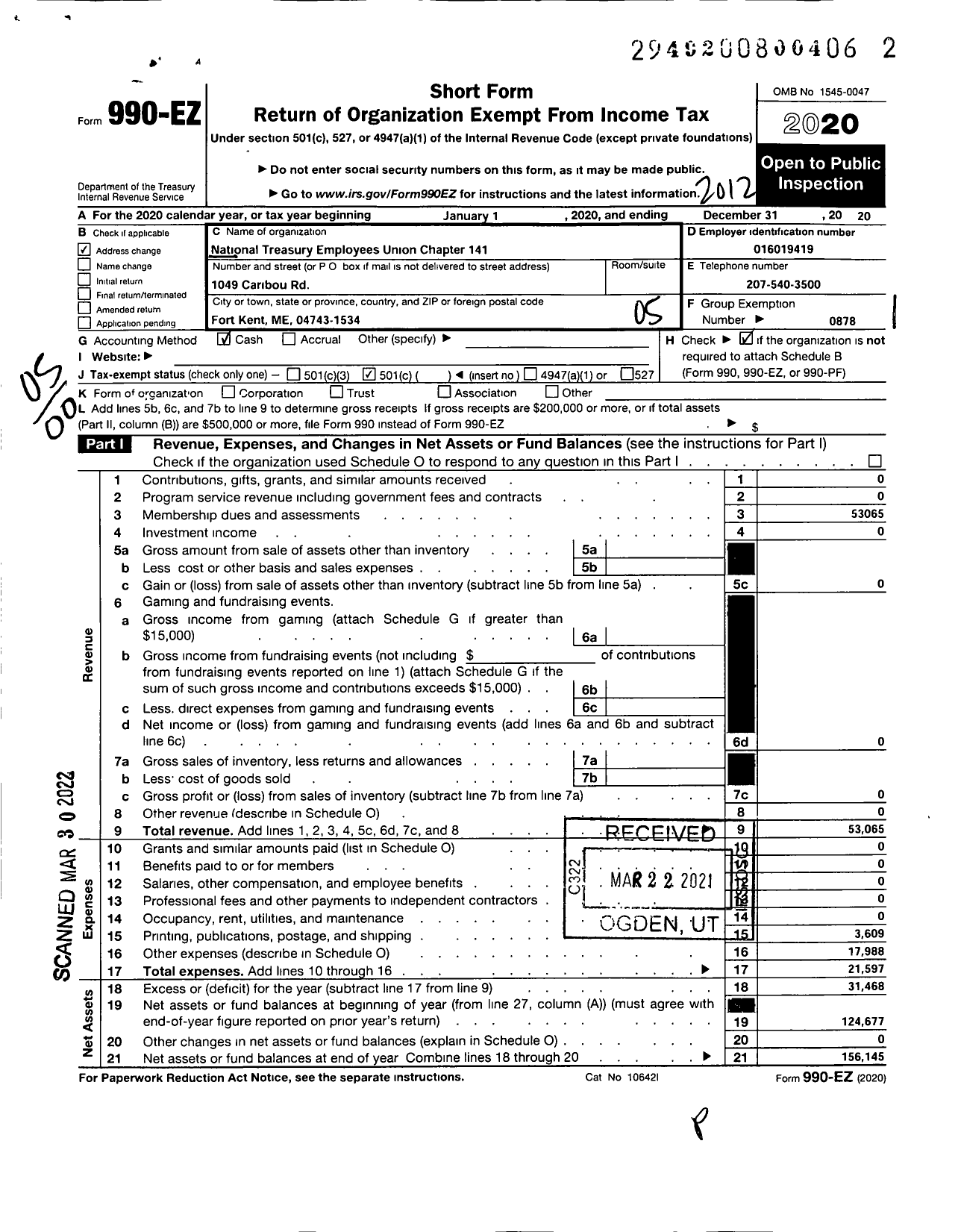 Image of first page of 2020 Form 990EO for National Treasury Employees Union - 141 Chapter Nteu