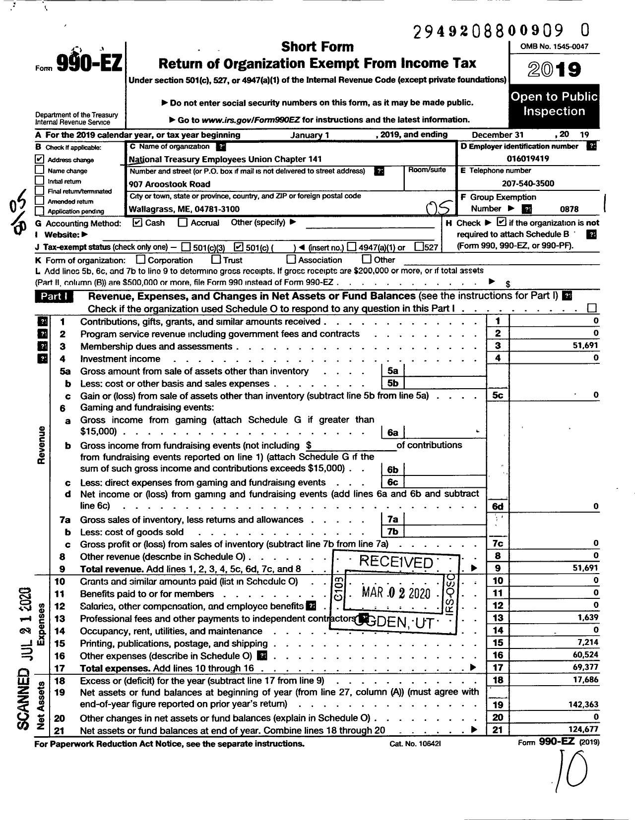 Image of first page of 2019 Form 990EO for National Treasury Employees Union - 141 Chapter Nteu