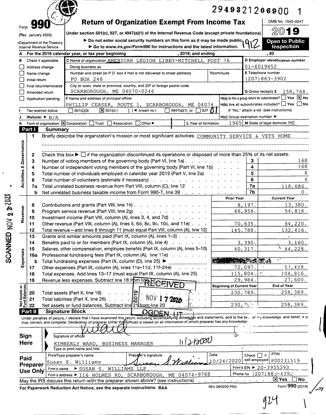 Image of first page of 2019 Form 990O for American Legion - Libby-Mitchell Post 76