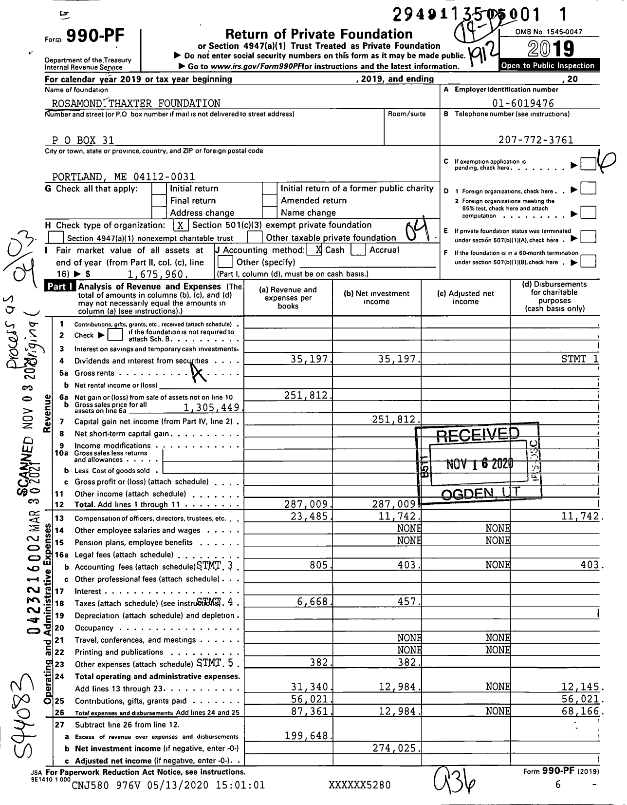 Image of first page of 2019 Form 990PF for Rosamond Thaxter Foundation