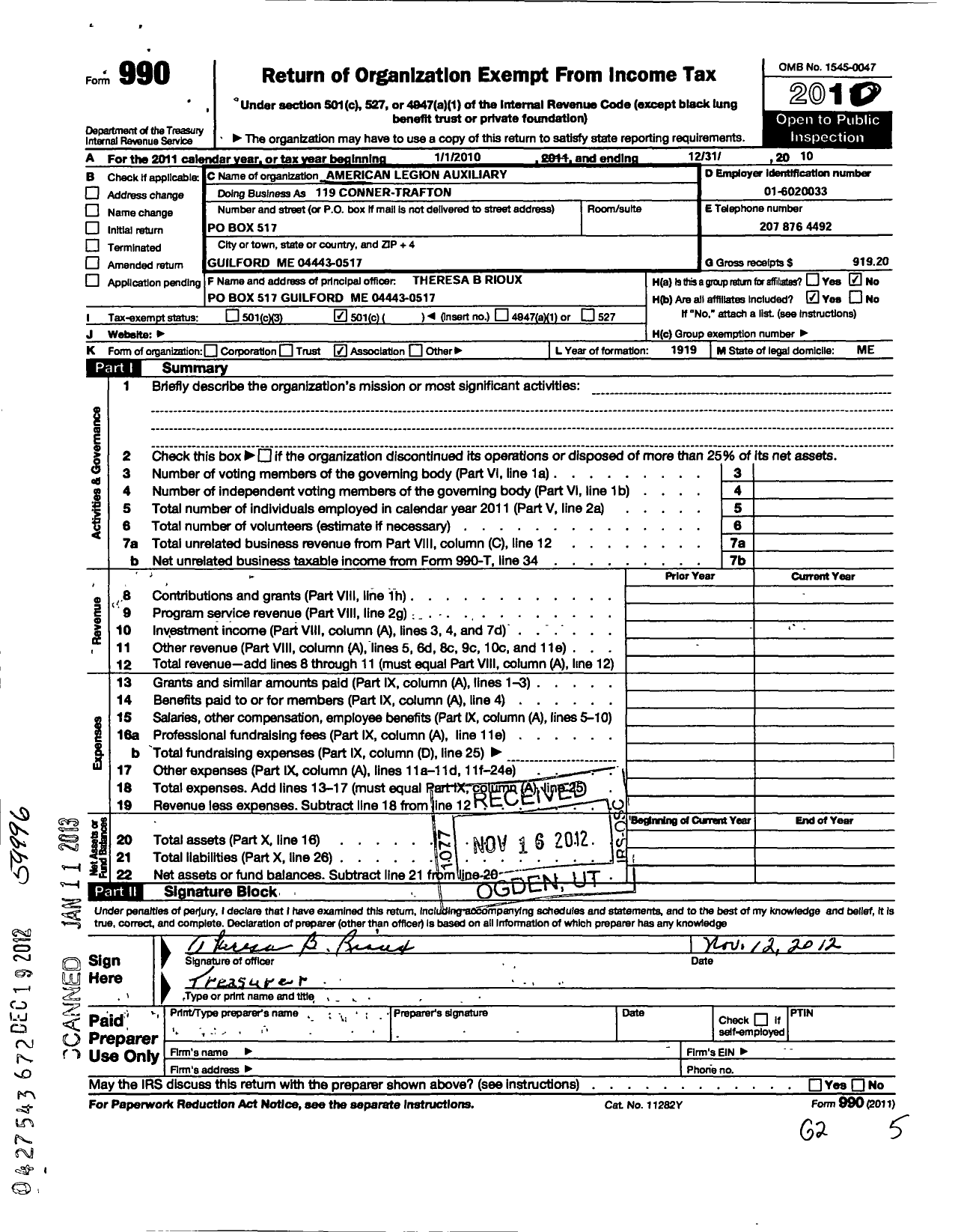 Image of first page of 2010 Form 990O for American Legion Auxiliary - 119 Conner-Trafton