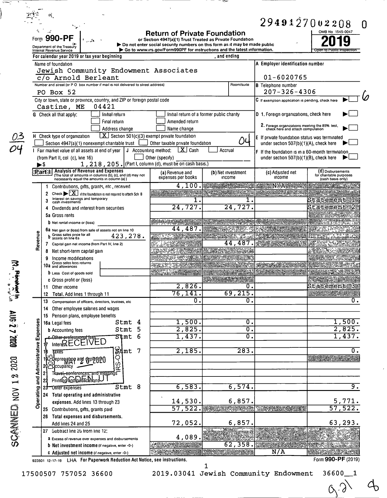 Image of first page of 2019 Form 990PF for Jewish Community Endowment Association