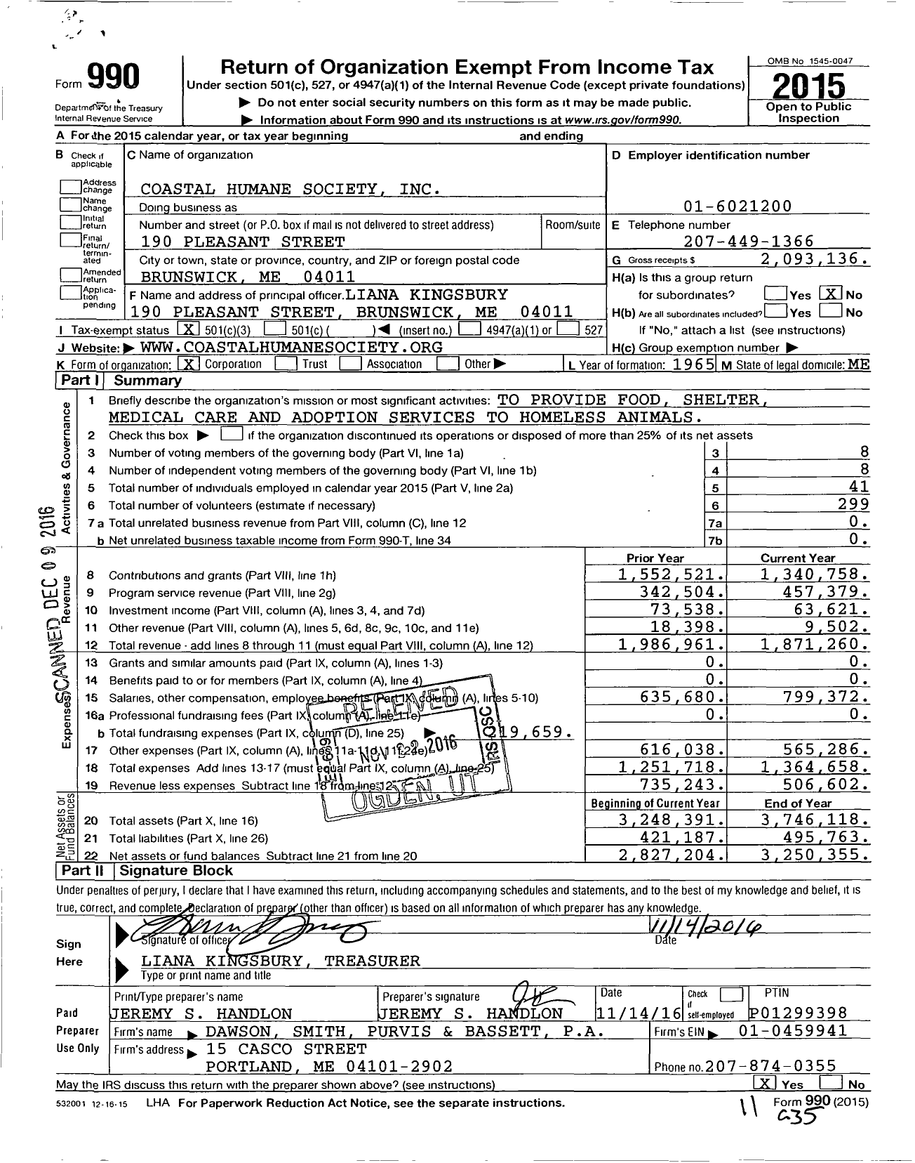 Image of first page of 2015 Form 990 for Midcoast Humane (CHS)