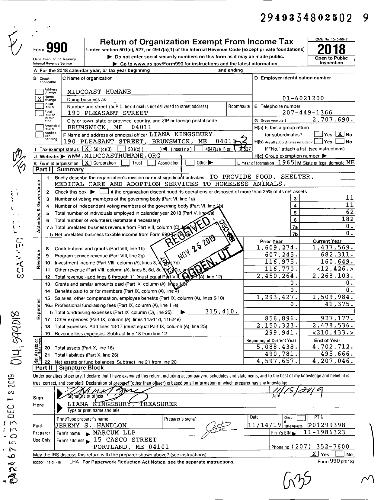Image of first page of 2018 Form 990 for Midcoast Humane
