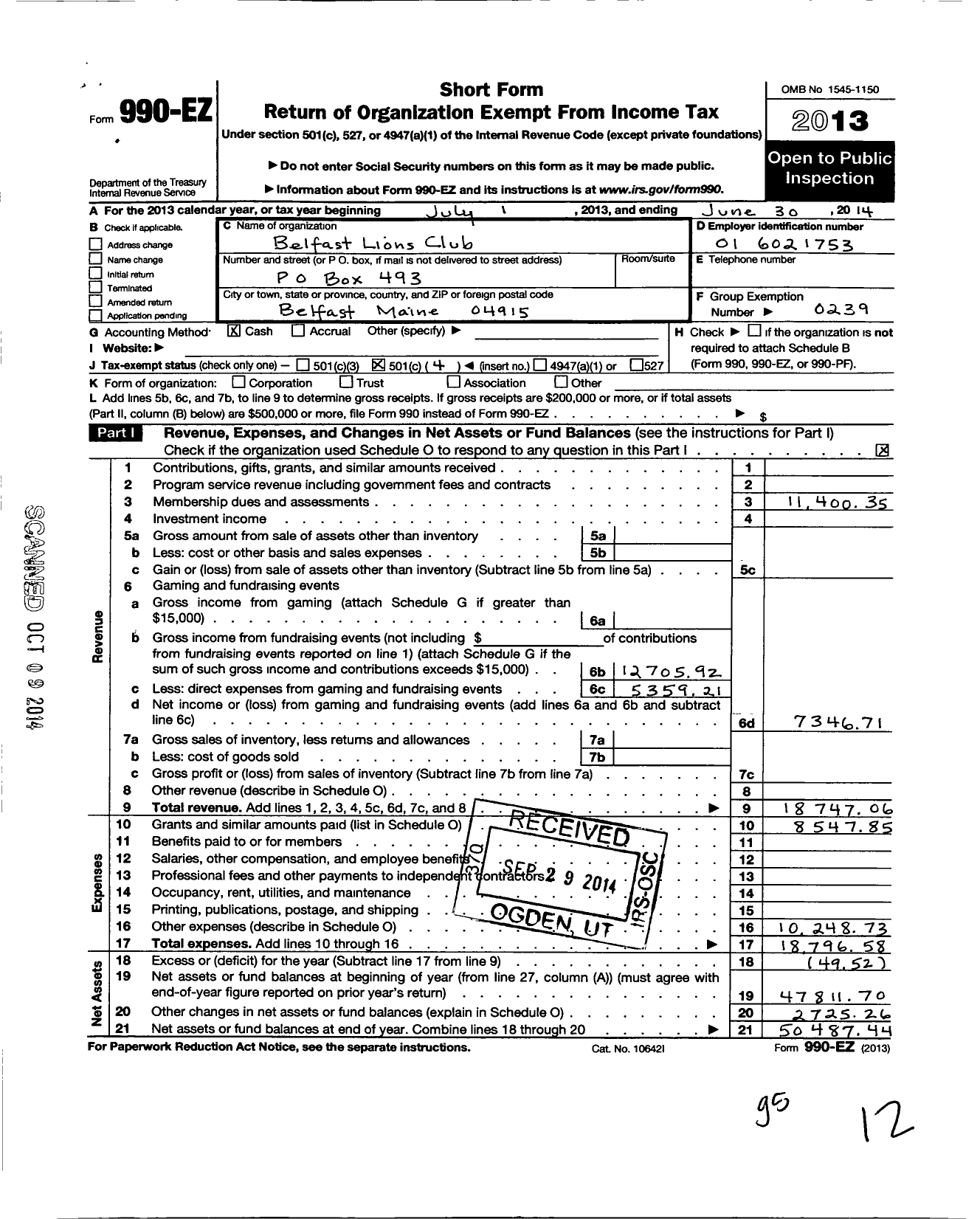 Image of first page of 2013 Form 990EO for Lions Clubs - 13638 Belfast