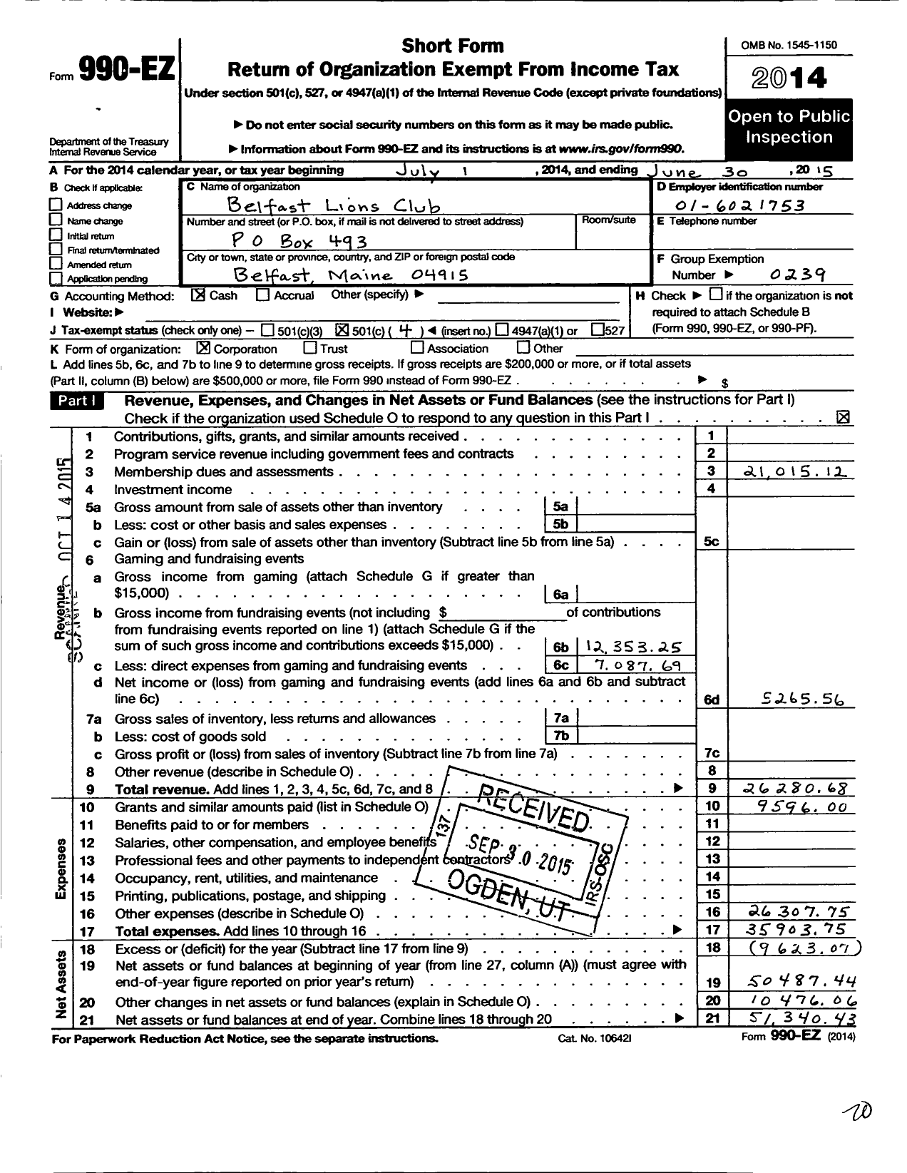 Image of first page of 2014 Form 990EO for Lions Clubs - 13638 Belfast