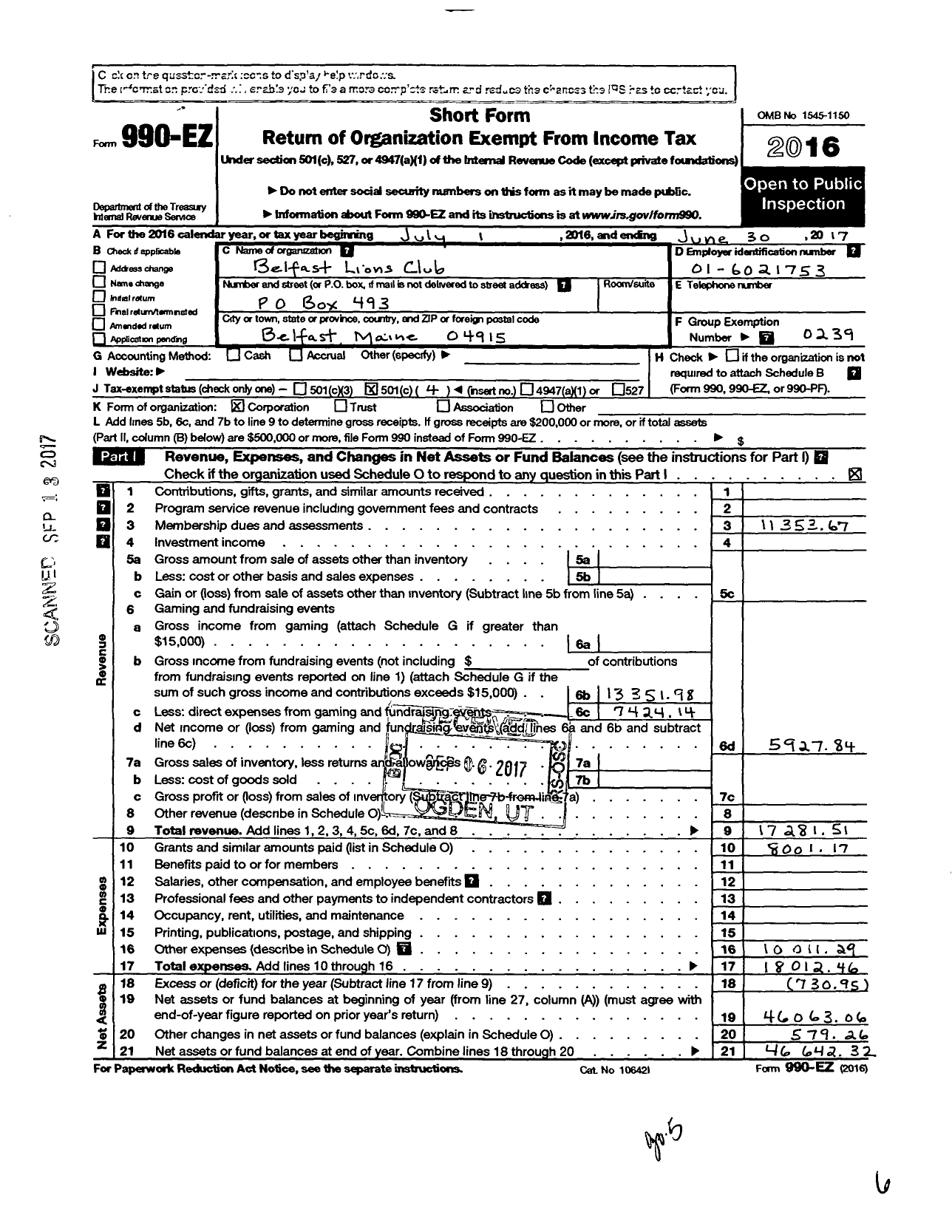 Image of first page of 2016 Form 990EO for Lions Clubs - 13638 Belfast