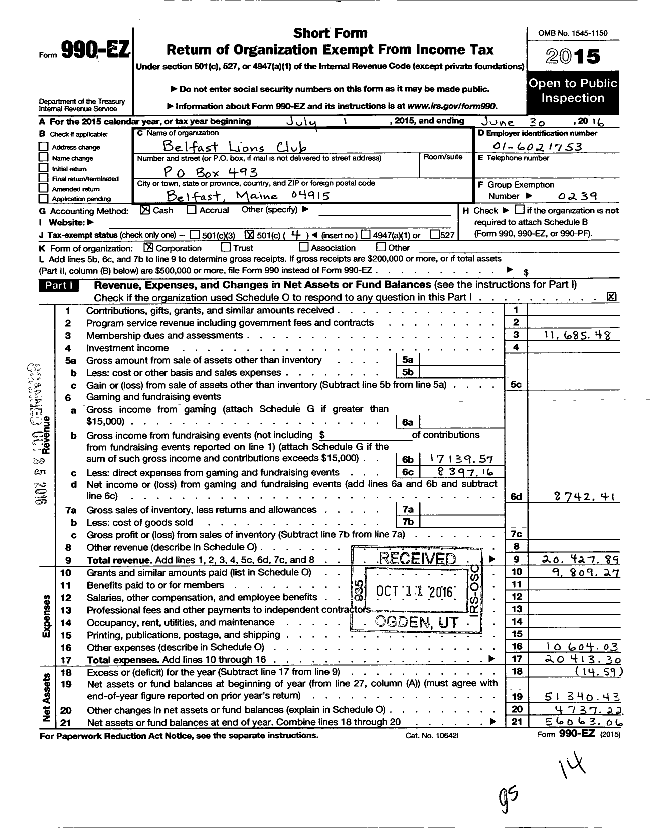 Image of first page of 2015 Form 990EO for Lions Clubs - 13638 Belfast