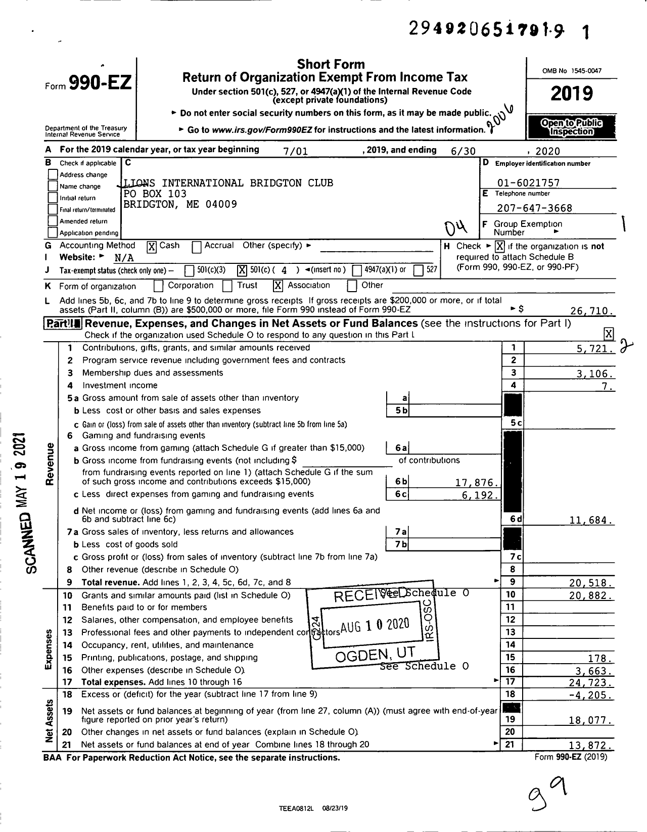 Image of first page of 2019 Form 990EO for Lions Clubs - 13604 Bridgton