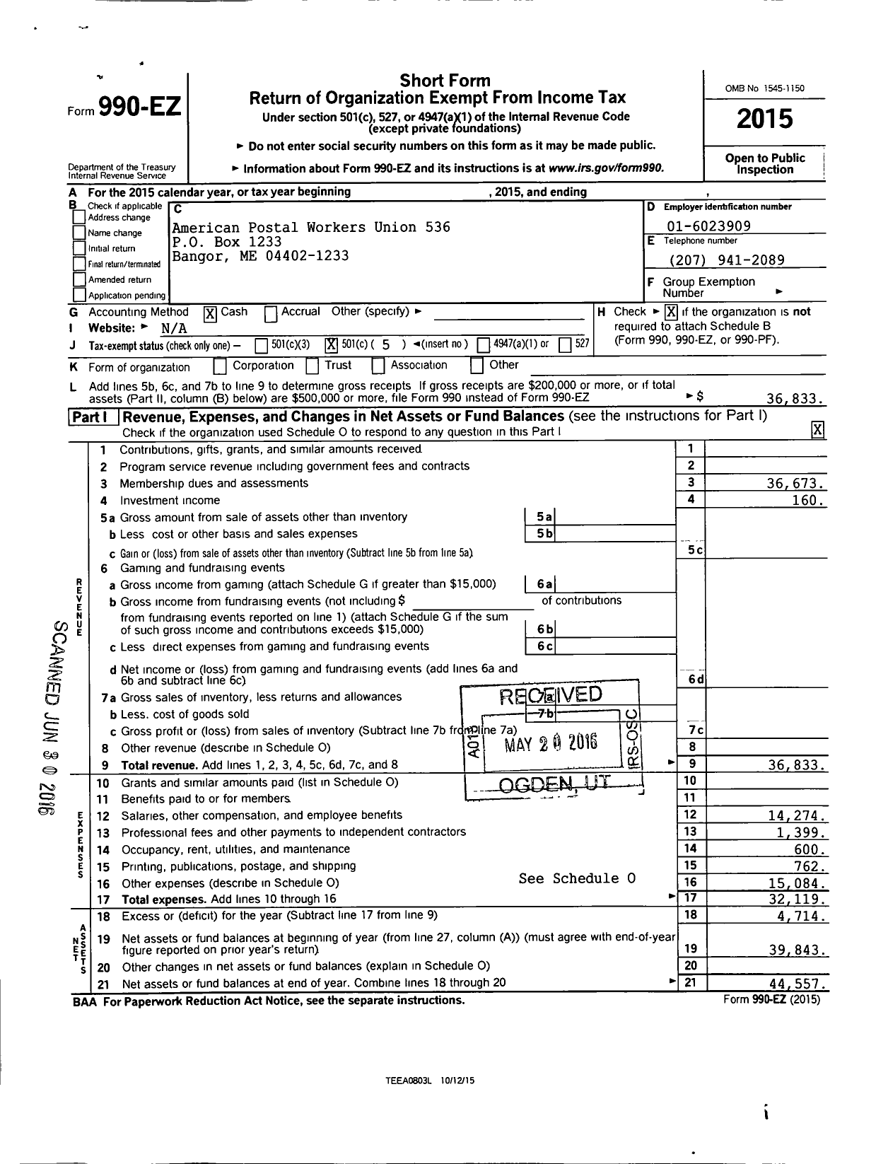 Image of first page of 2015 Form 990EO for American Postal Workers Union - 536 Bangor Area Local