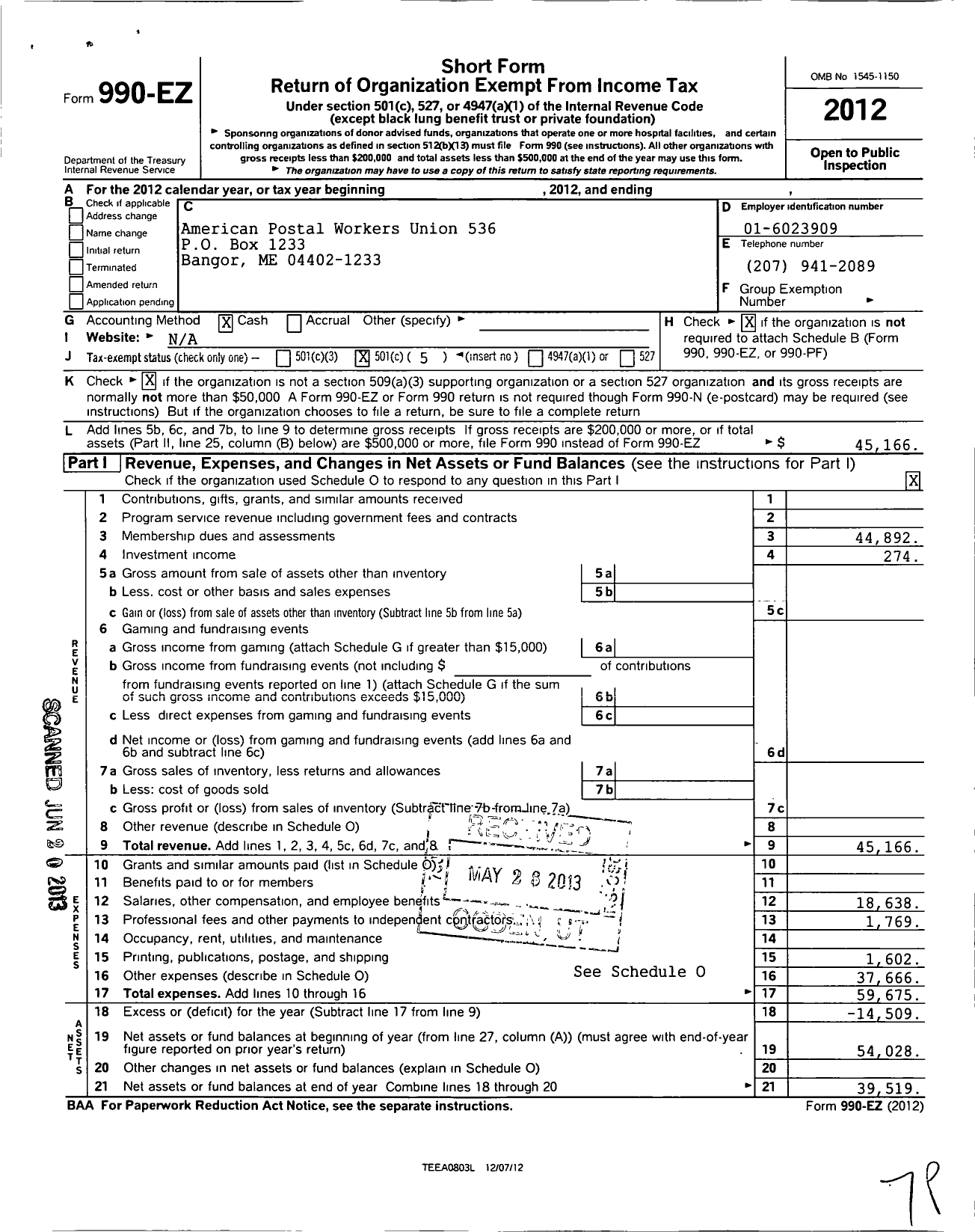 Image of first page of 2012 Form 990EO for American Postal Workers Union - 536 Bangor Area Local