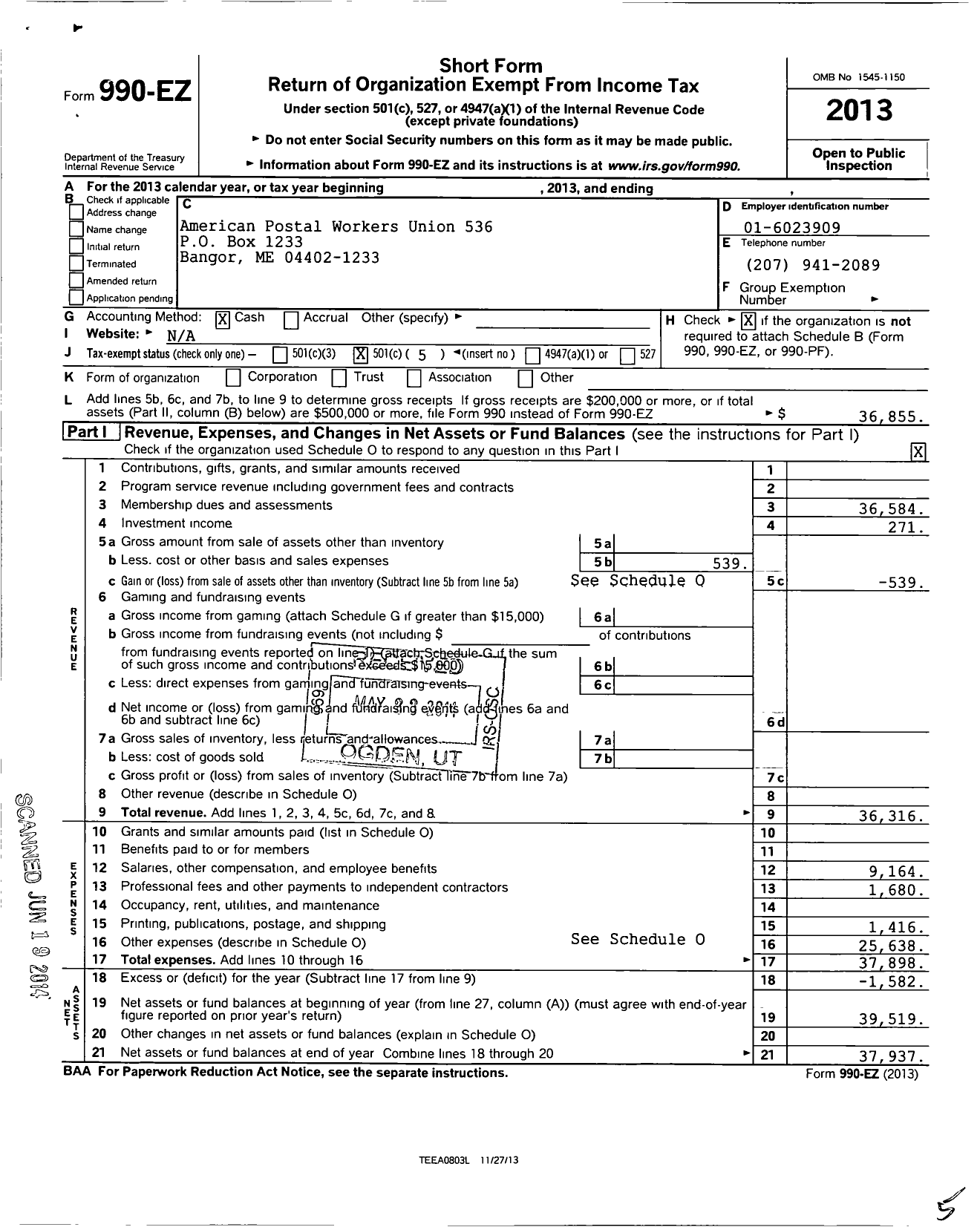 Image of first page of 2013 Form 990EO for American Postal Workers Union - 536 Bangor Area Local