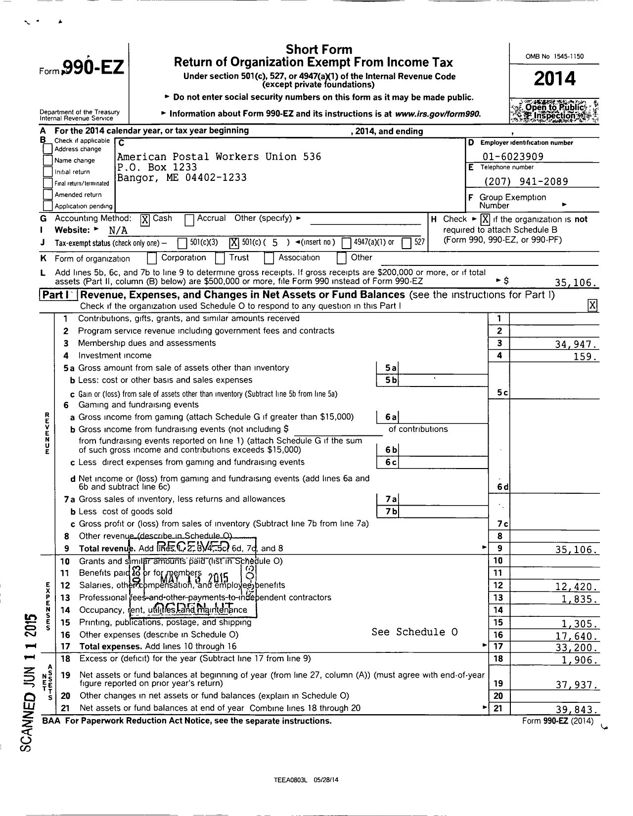 Image of first page of 2014 Form 990EO for American Postal Workers Union - 536 Bangor Area Local