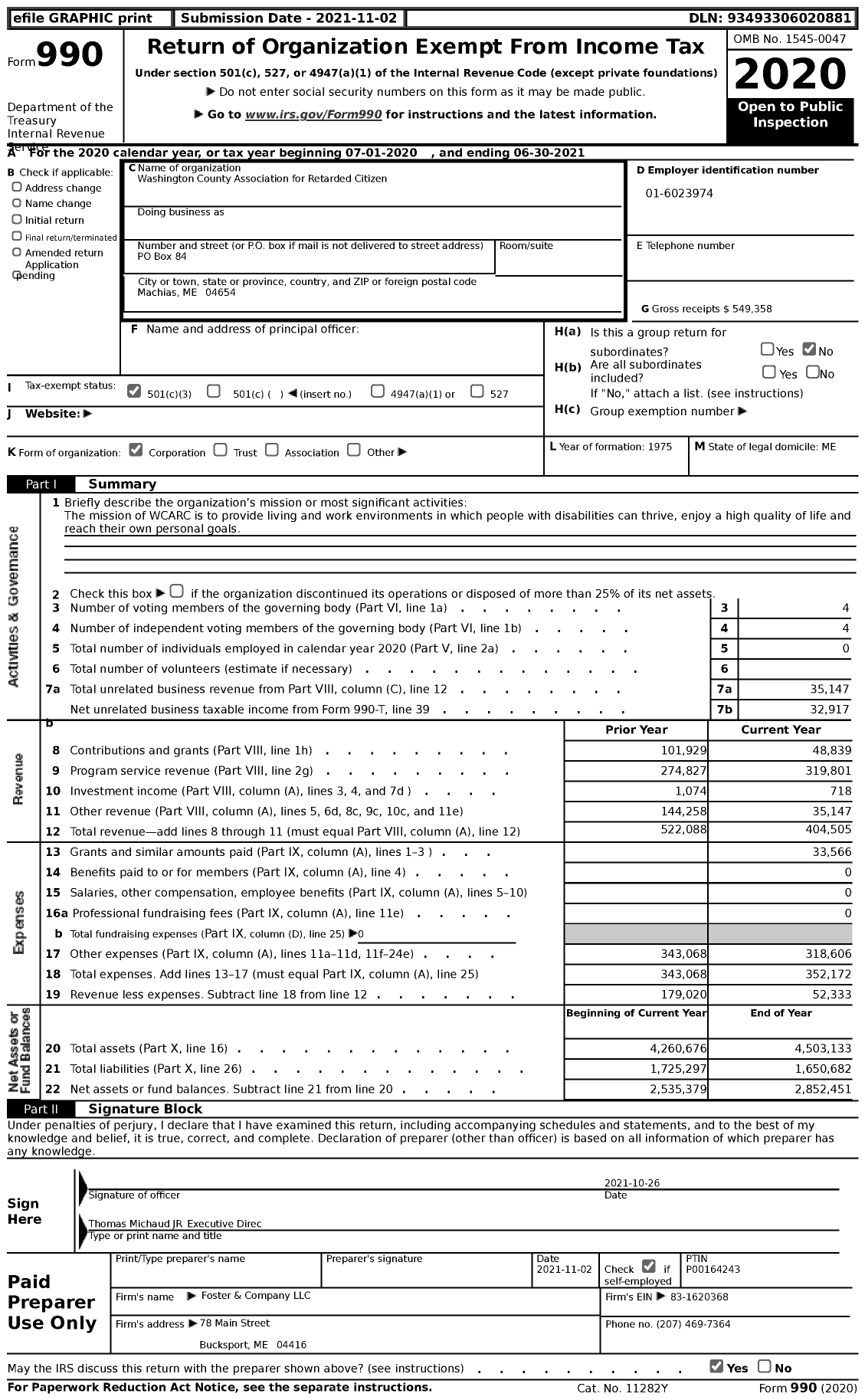 Image of first page of 2020 Form 990 for Washington County Association for Retarded Citizens