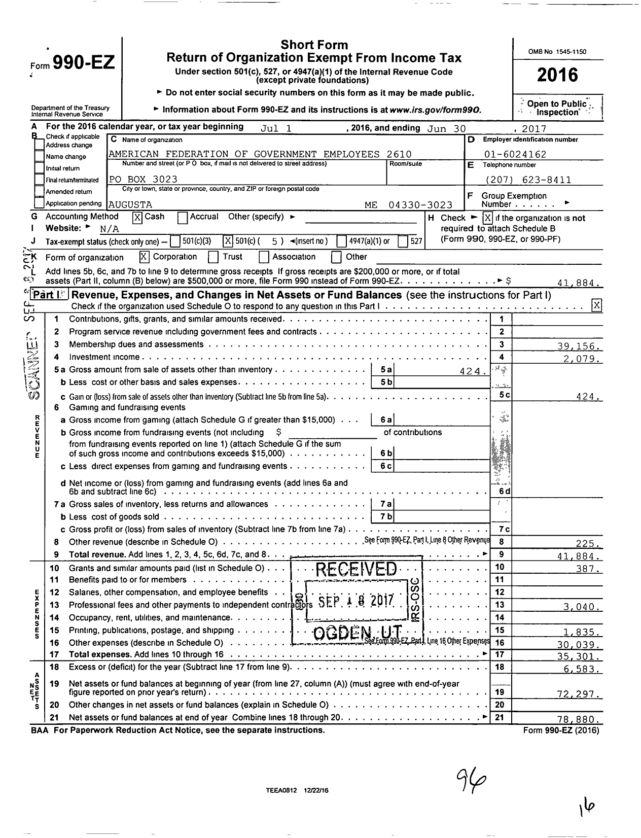 Image of first page of 2016 Form 990EO for American Federation of Government Employees - 2610 Afge-Va Local