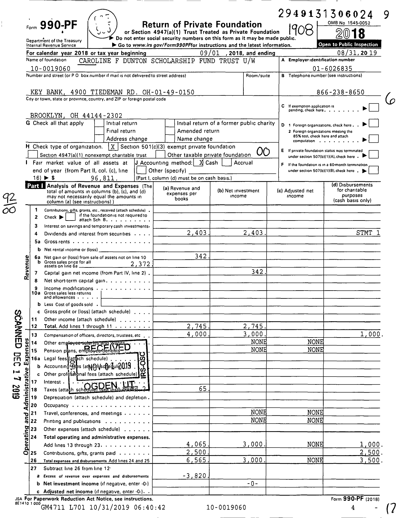 Image of first page of 2018 Form 990PF for Caroline F Dunton Scholarship Fund Trust Uw