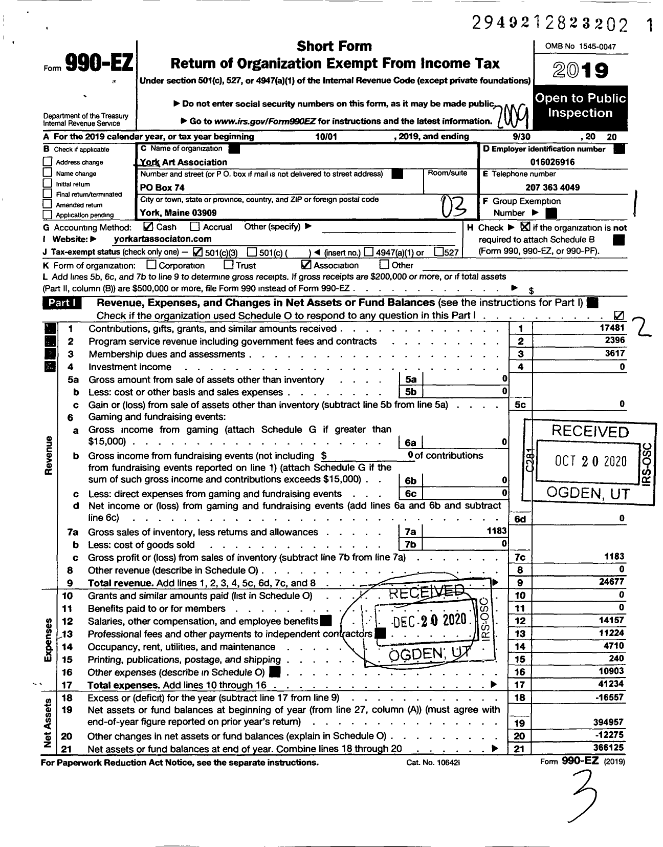 Image of first page of 2019 Form 990EZ for Art Association York