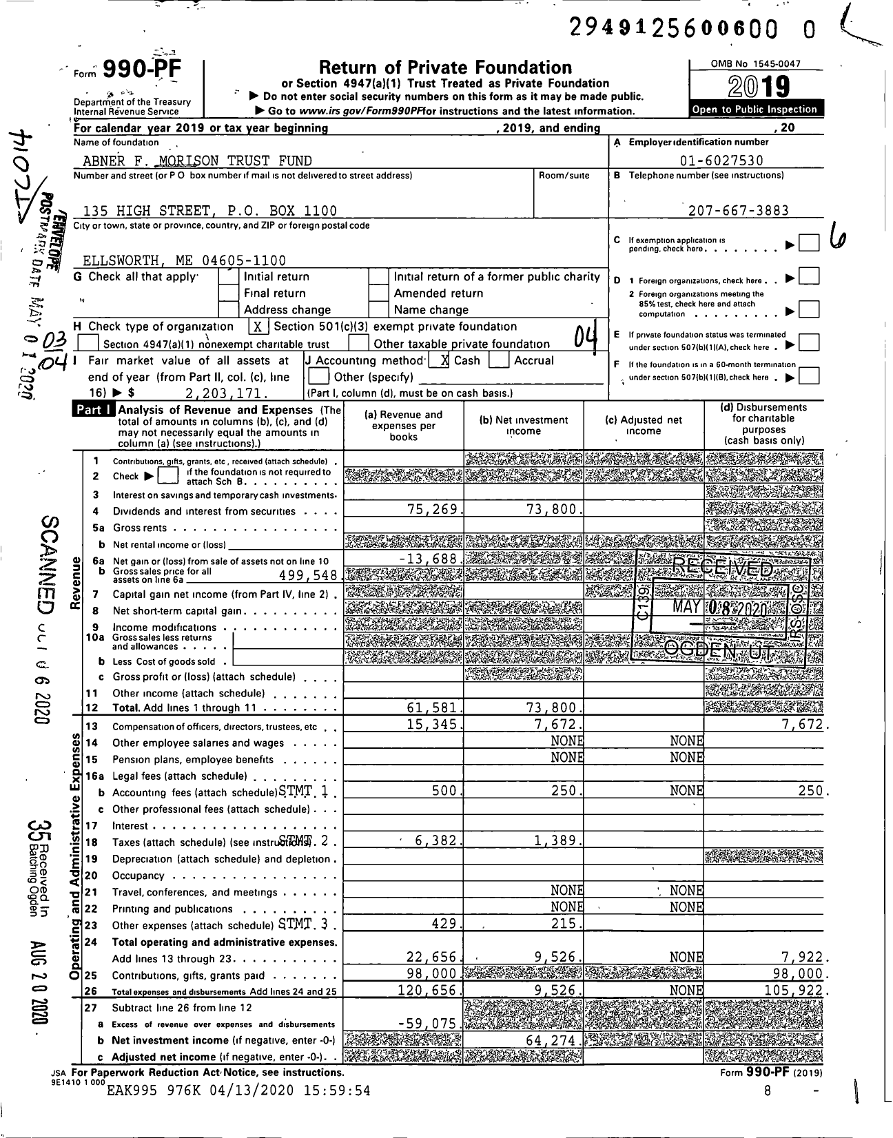 Image of first page of 2019 Form 990PR for Abner F Morison Trust Fund