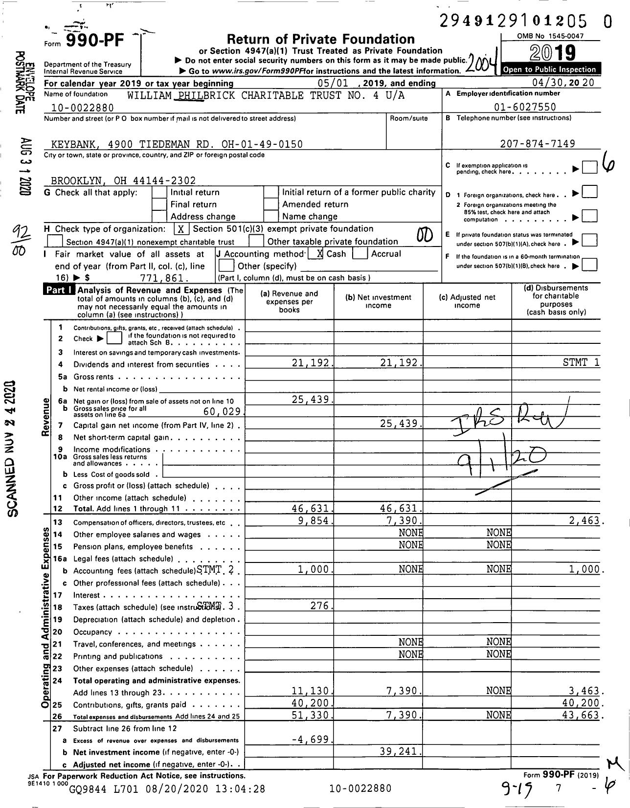 Image of first page of 2019 Form 990PF for William Philbrick Charitable Trust No 4