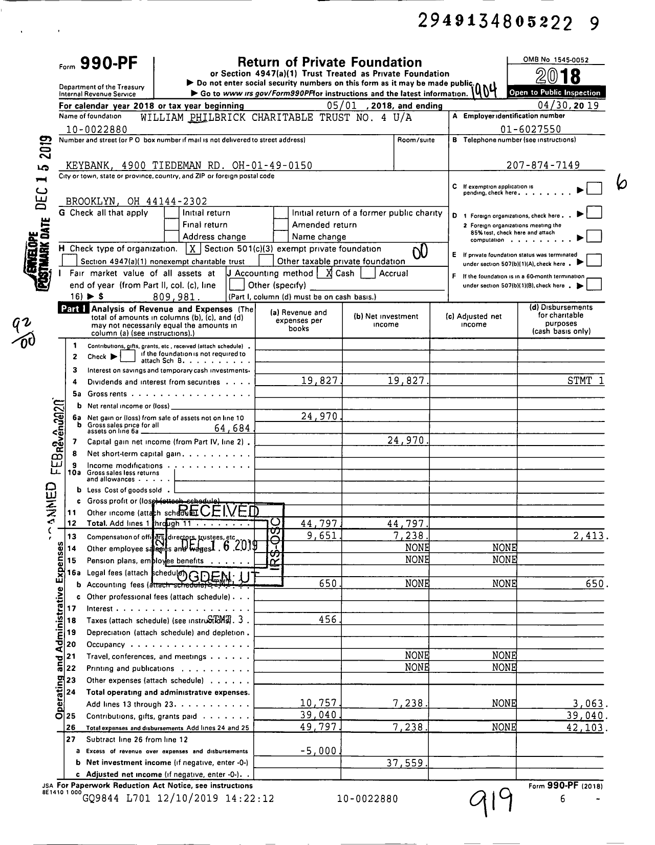 Image of first page of 2018 Form 990PF for William Philbrick Charitable Trust No 4