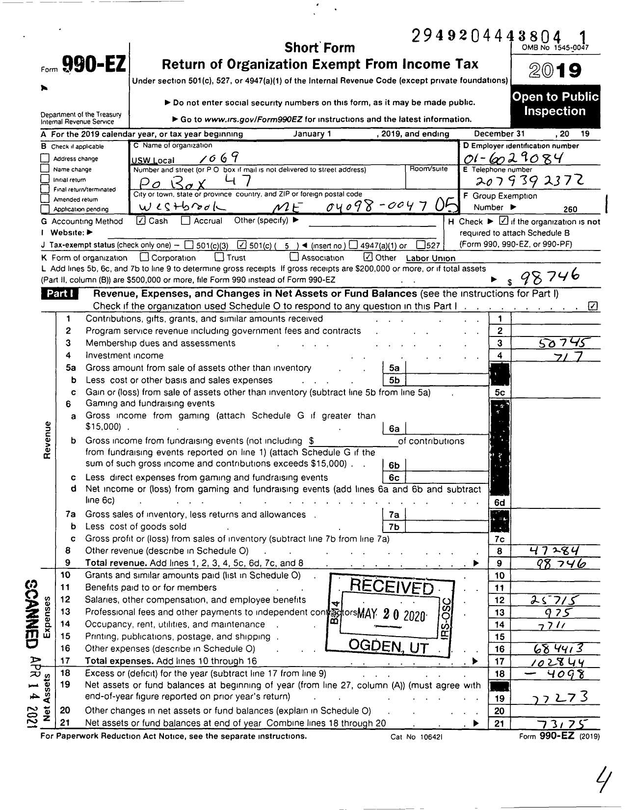 Image of first page of 2019 Form 990EO for United Steelworkers - 01069 Local