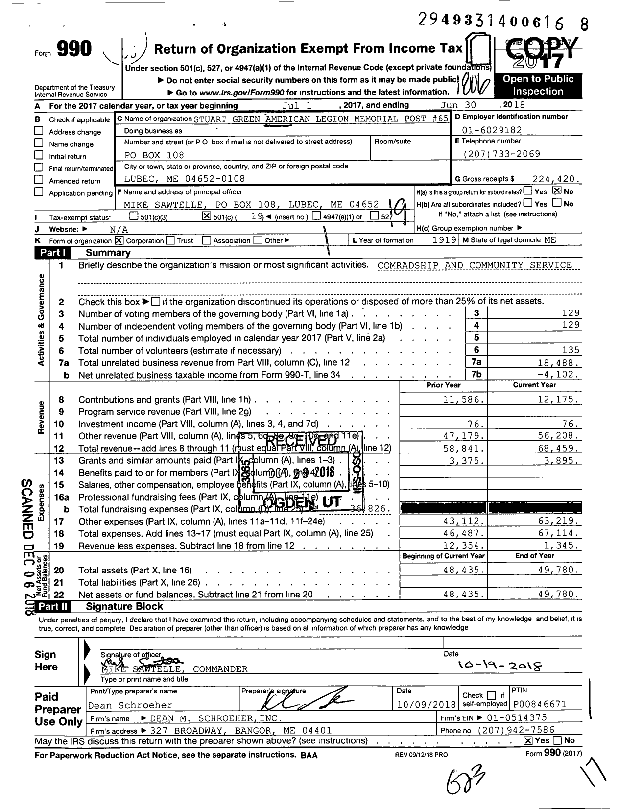 Image of first page of 2017 Form 990O for Stuart Green American Legion Memorial Post 65