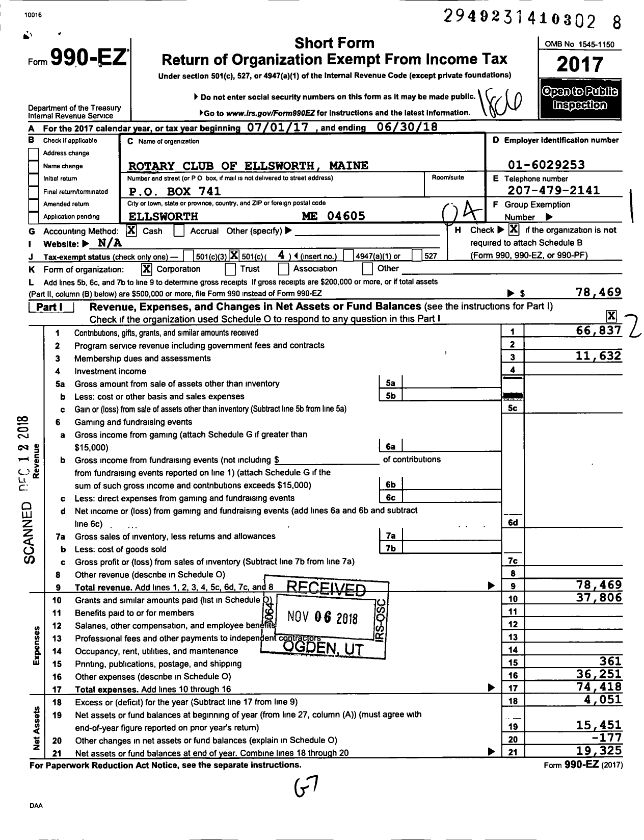 Image of first page of 2017 Form 990EO for Rotary International - Ellsworth