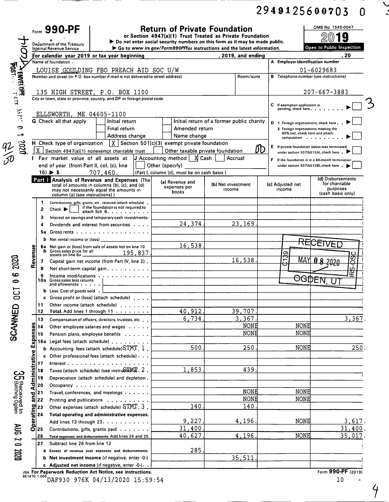 Image of first page of 2019 Form 990PR for Louise Goulding Fbo Preach Aid Soc Uw