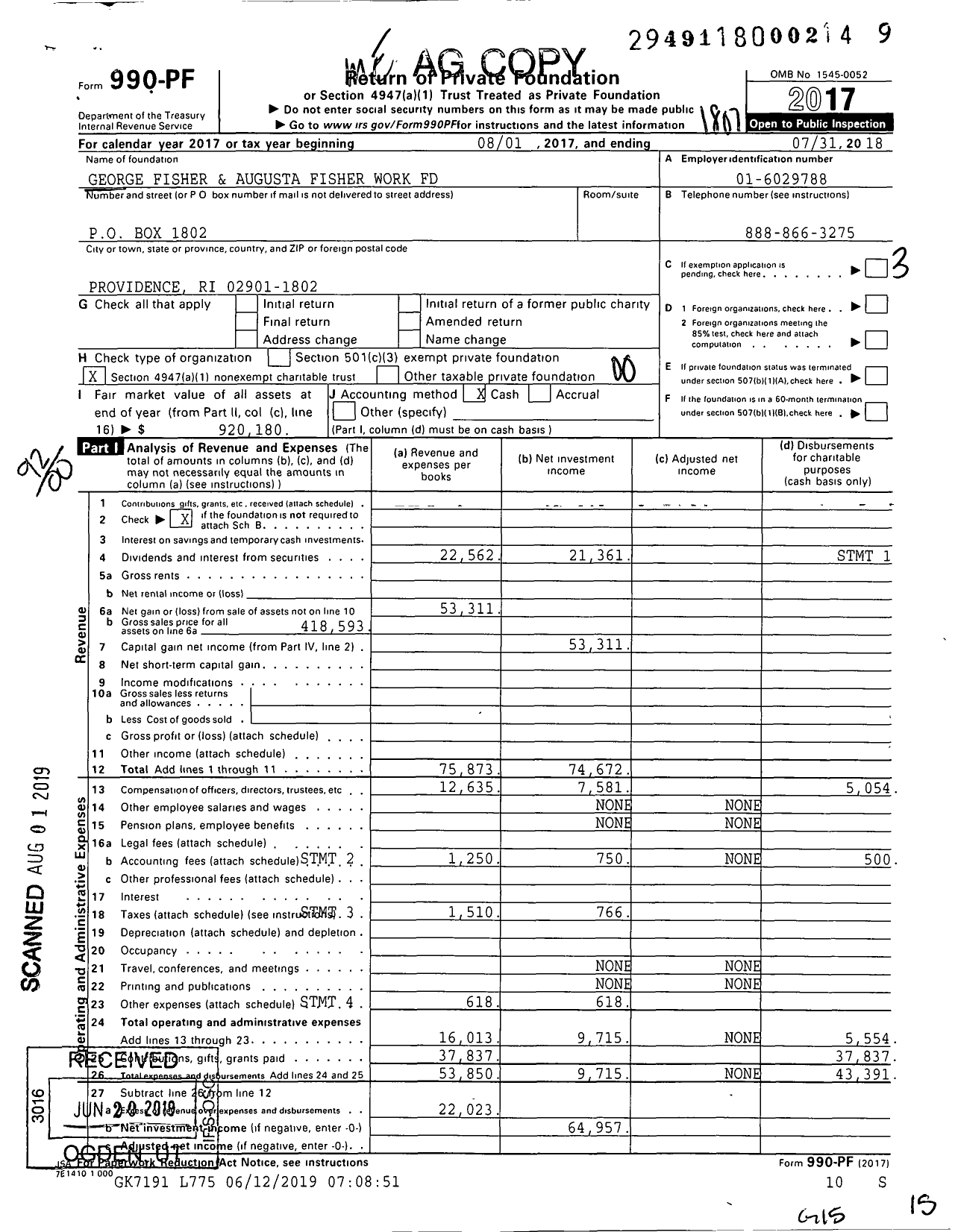 Image of first page of 2017 Form 990PF for George Fisher and Augusta Fisher Work Fund