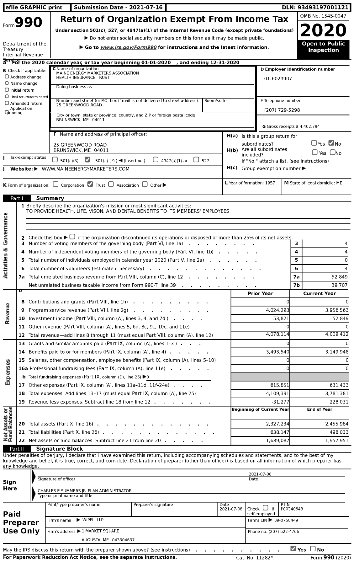 Image of first page of 2020 Form 990 for Maine Energy Marketers Association Health Insurance Trust