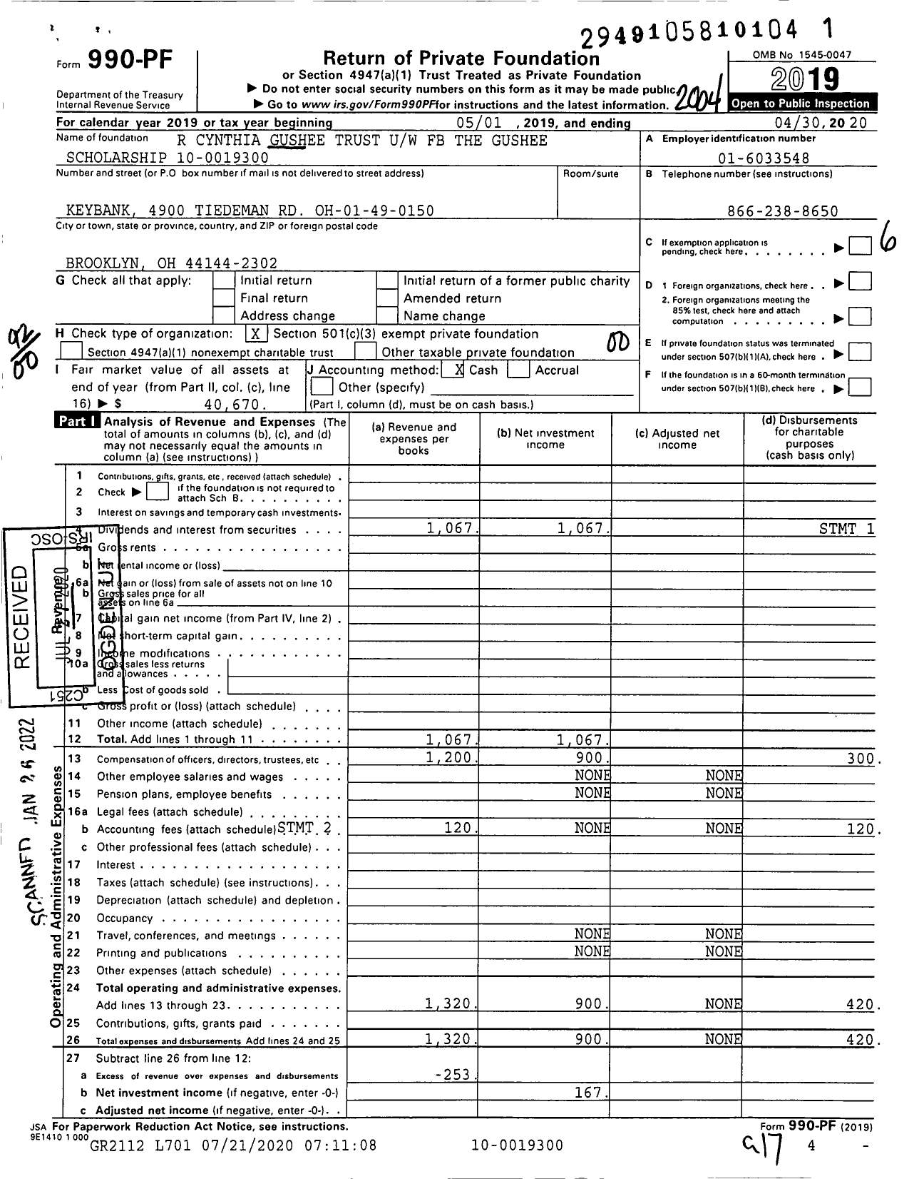 Image of first page of 2019 Form 990PF for R Cynthia Gushee Trust Uw FB the Gushee