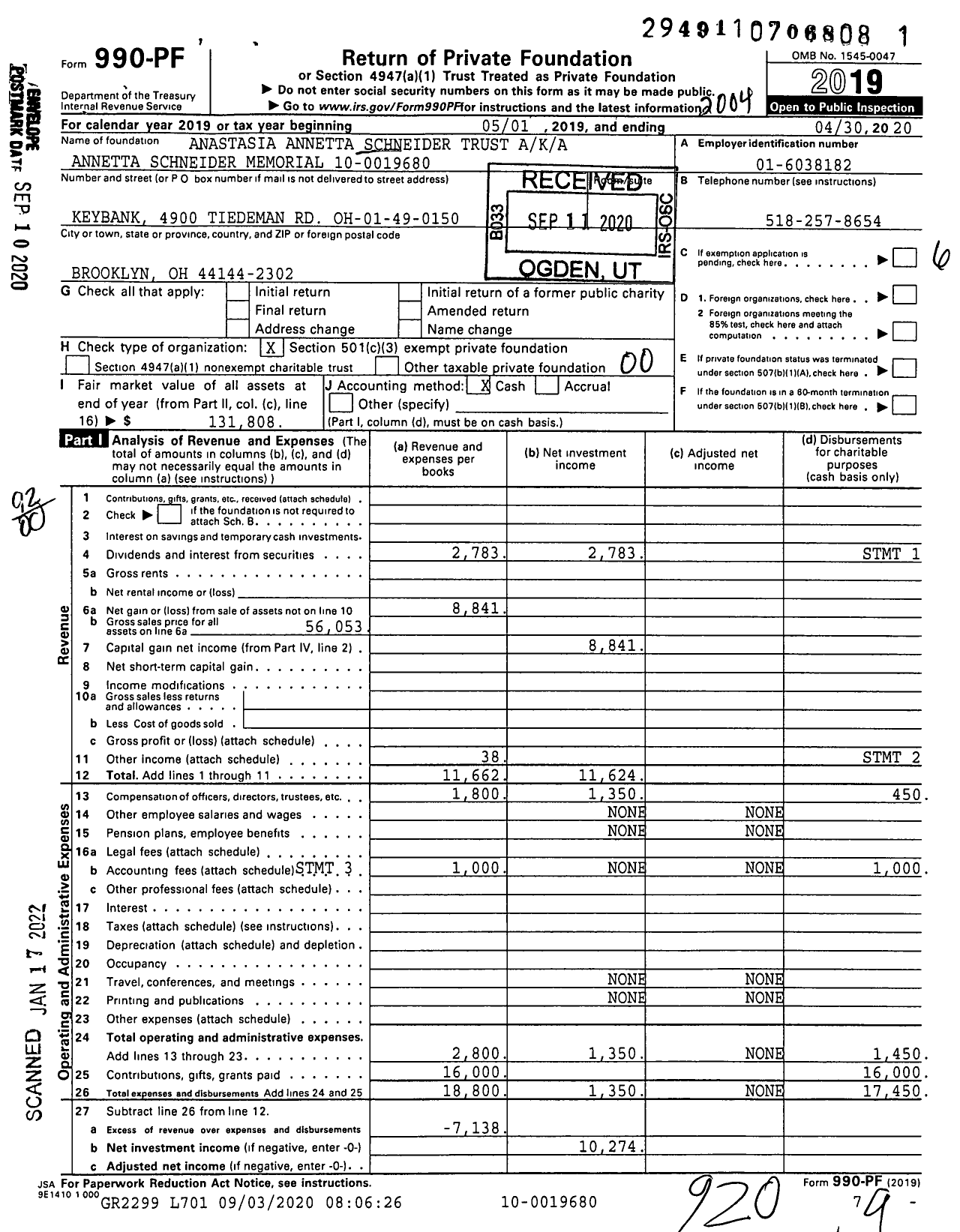 Image of first page of 2019 Form 990PF for Anastasia Annetta Schneider Trust