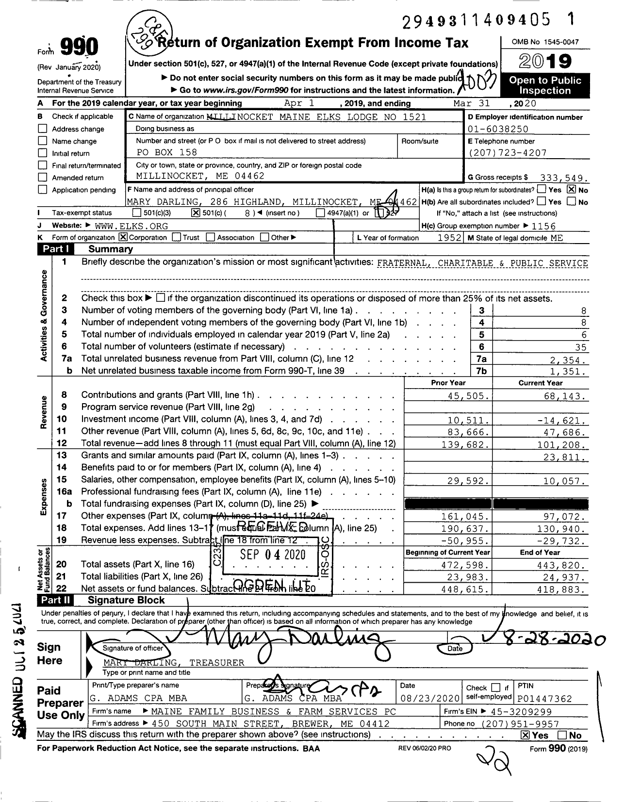 Image of first page of 2019 Form 990O for Benevolent and Protective Order of Elks - 1521 Millinocket