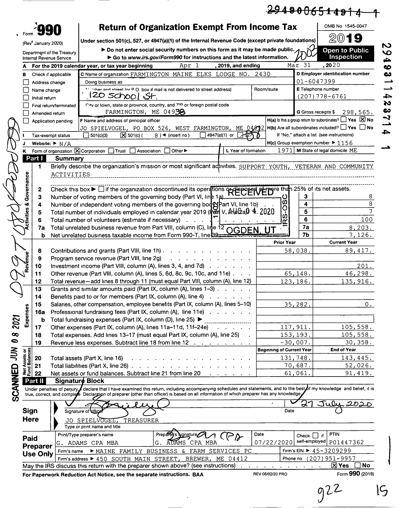 Image of first page of 2019 Form 990O for Benevolent and Protective Order of Elks - 2430 Farmington