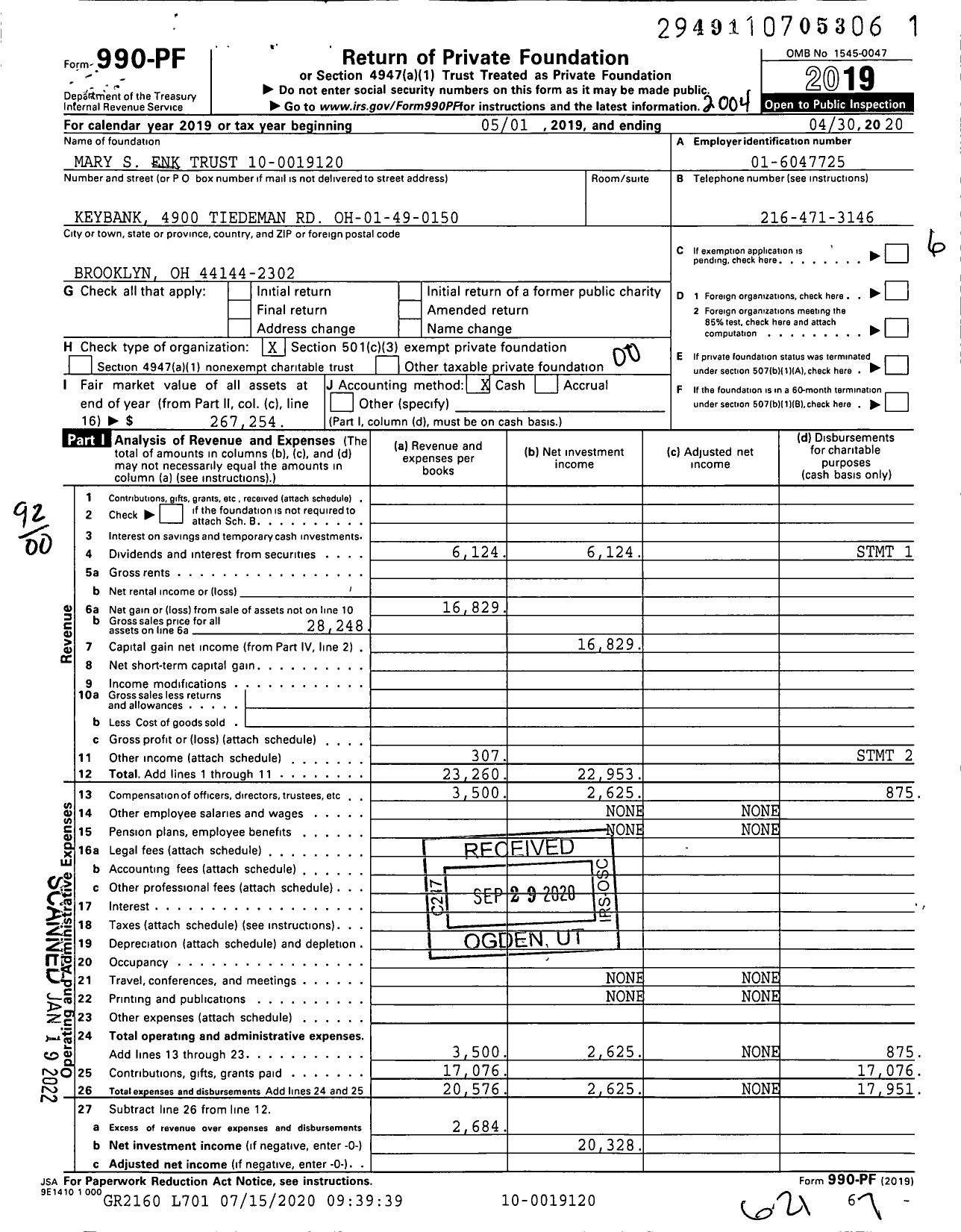 Image of first page of 2019 Form 990PF for Mary S Enk Trust