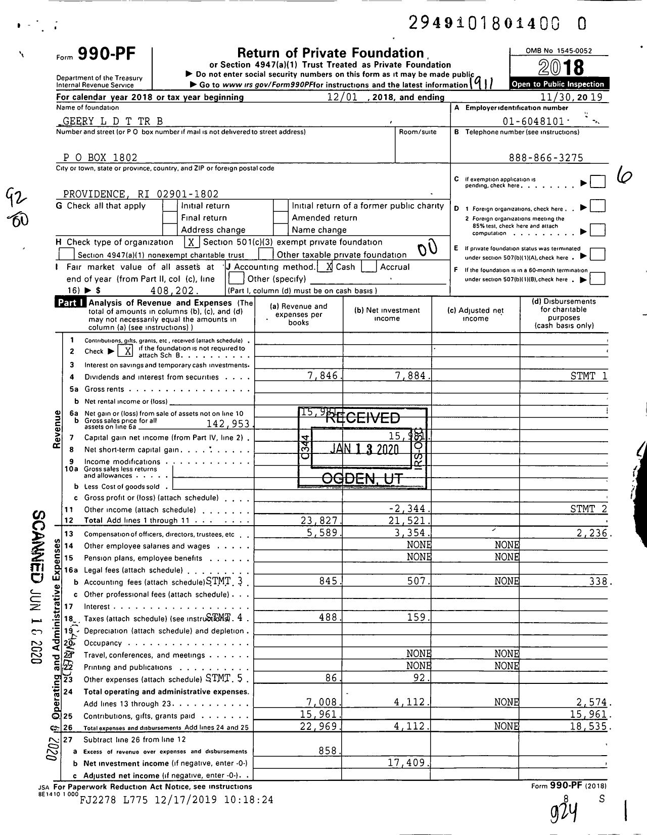 Image of first page of 2018 Form 990PR for Geery L D T TR B