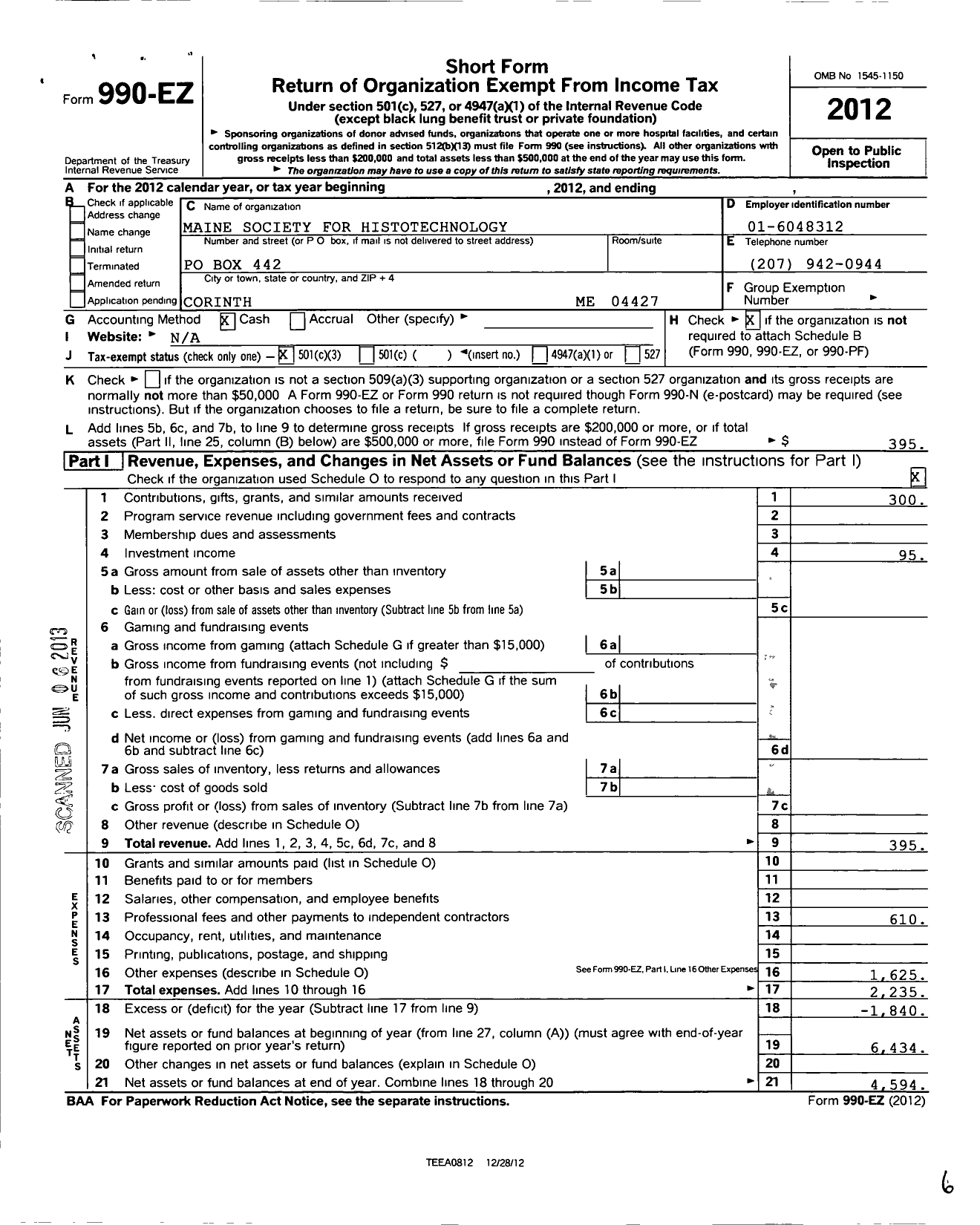 Image of first page of 2012 Form 990EZ for Maine Society for Histotechnology