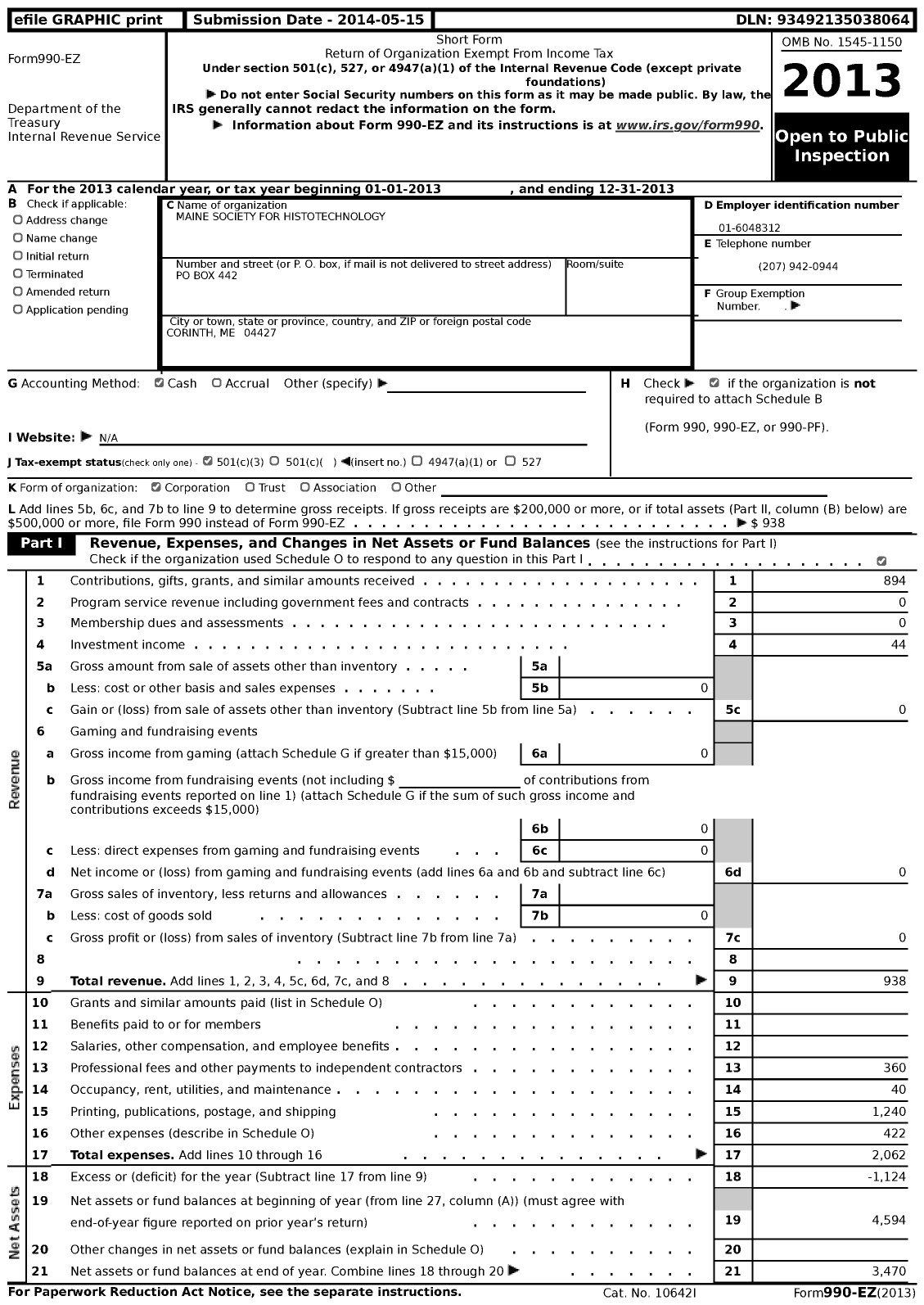 Image of first page of 2013 Form 990EZ for Maine Society for Histotechnology