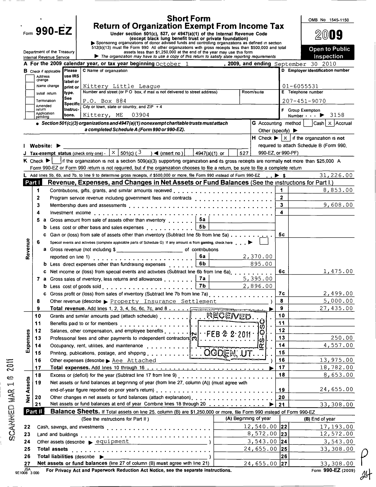 Image of first page of 2009 Form 990EZ for Little League Baseball - 2190403 Kittery LL