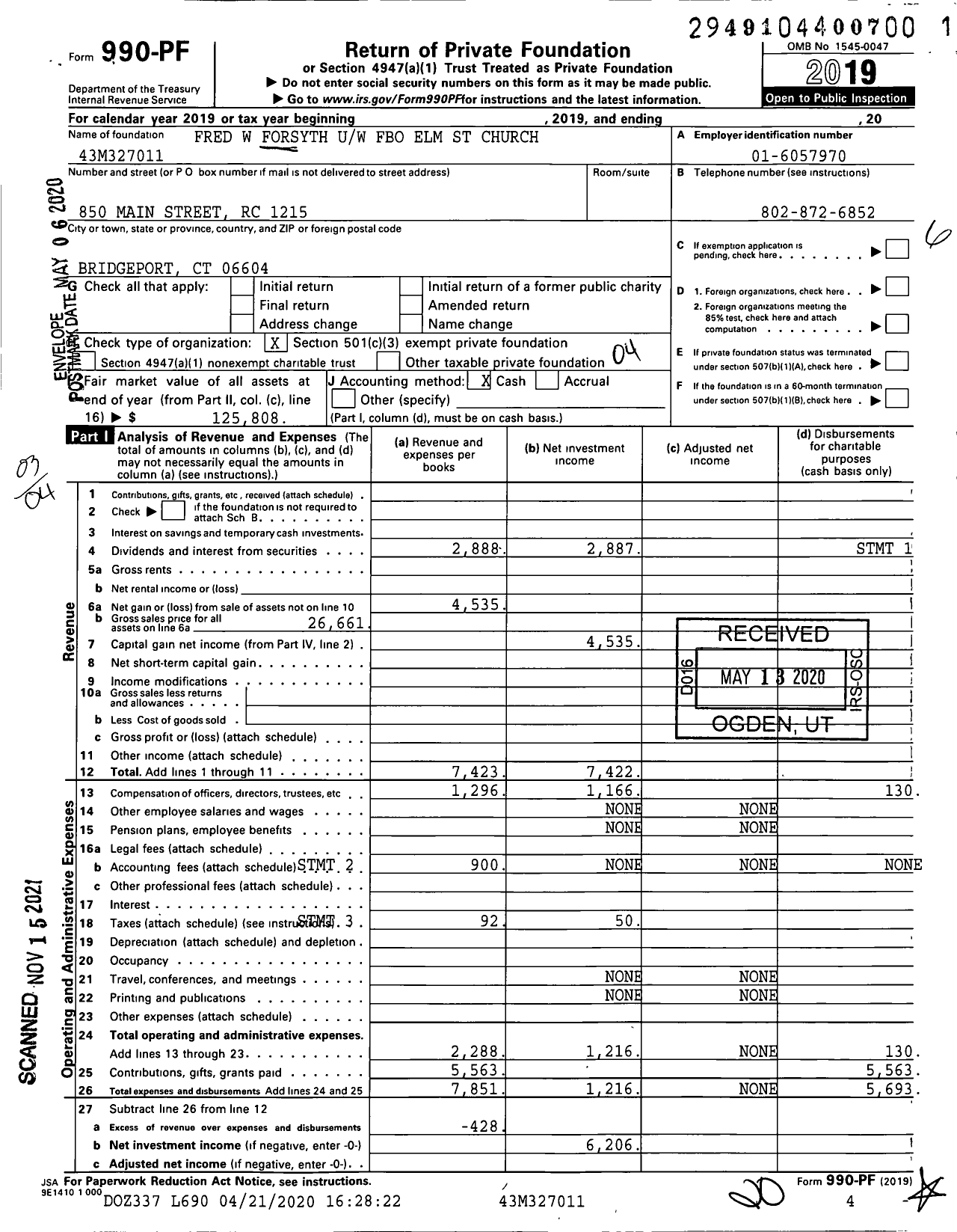 Image of first page of 2019 Form 990PF for Fred Forsyth Trust Fbo Elm Street Congregatio