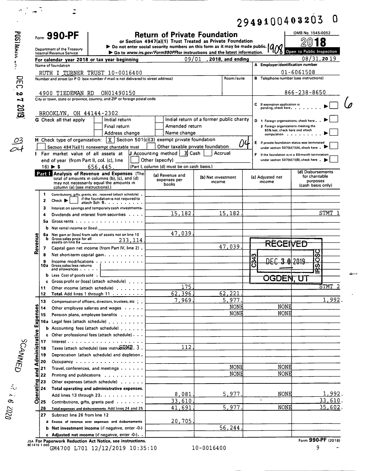 Image of first page of 2018 Form 990PR for Ruth I Turner Trust