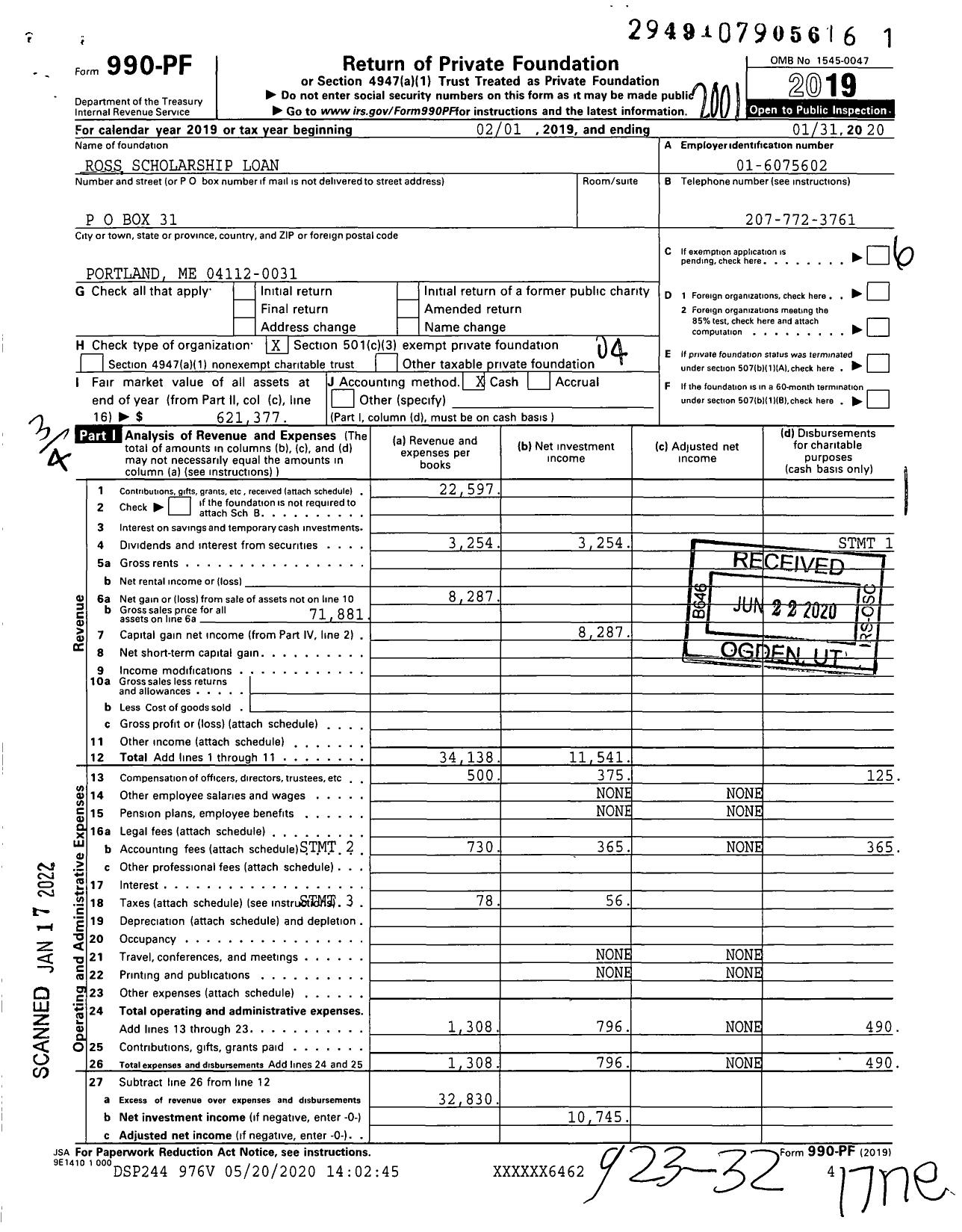 Image of first page of 2019 Form 990PF for Ross Scholarship Loan