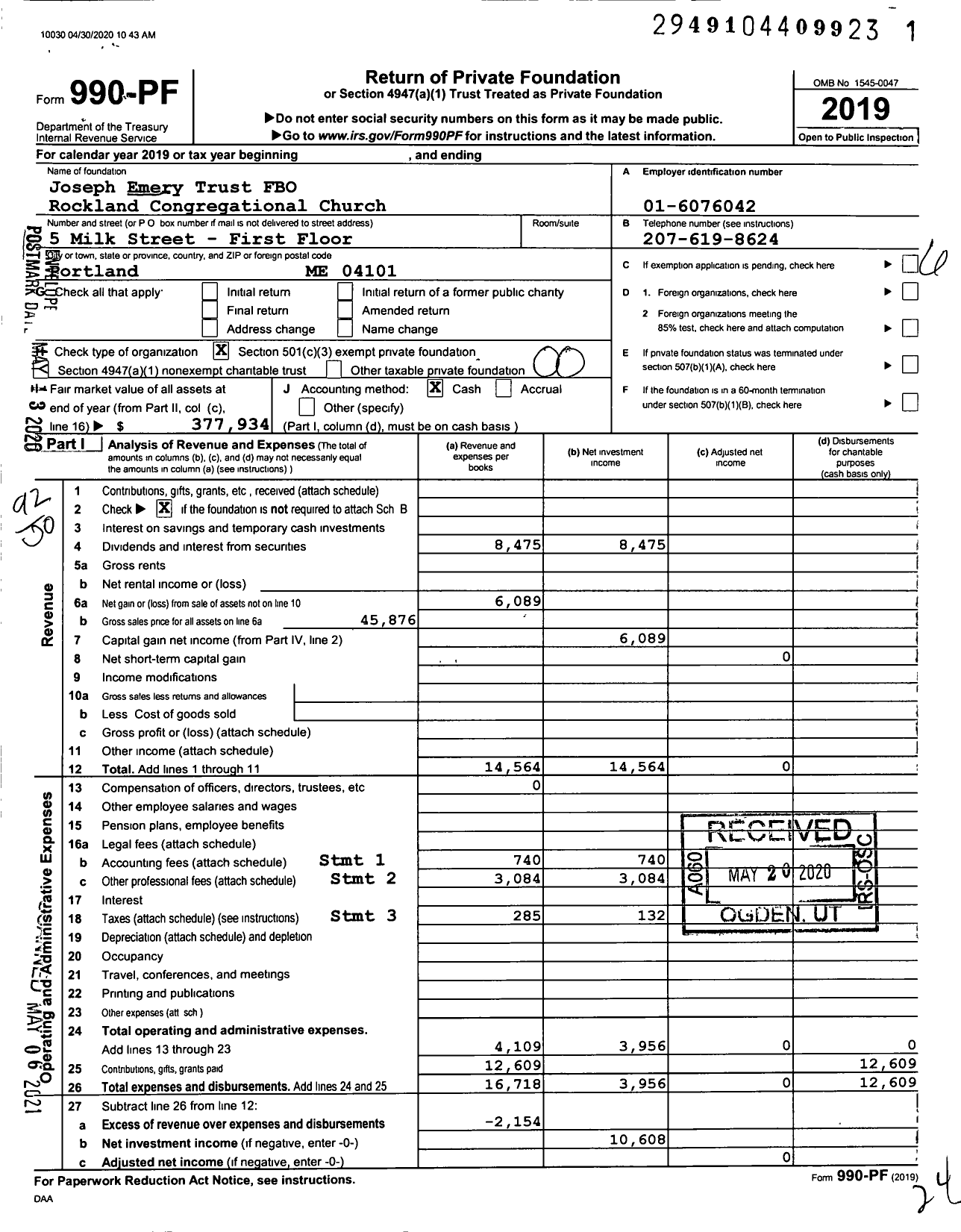 Image of first page of 2019 Form 990PF for Joseph Emery Trust Fbo Congregational Church Rockland