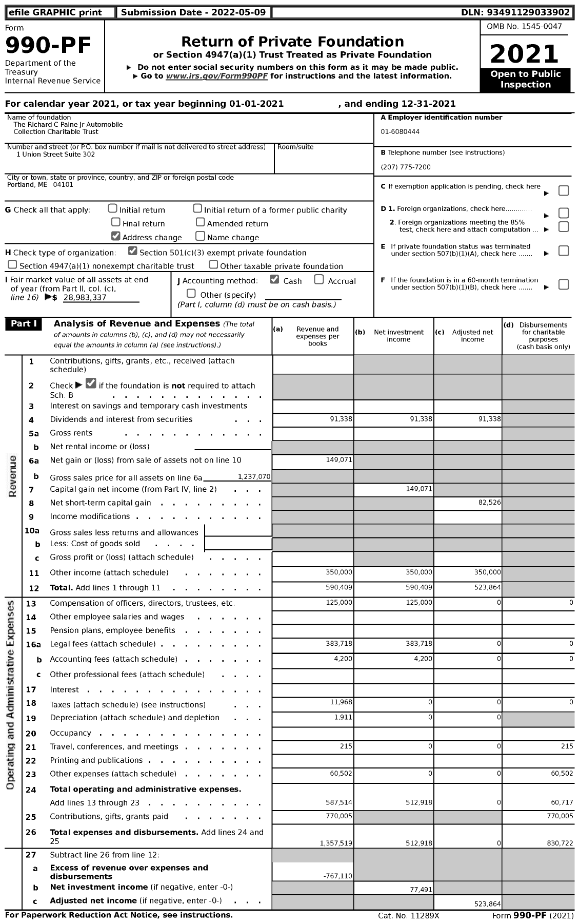 Image of first page of 2021 Form 990PF for The Richard C Paine Jr Automobile Collection Charitable Trust