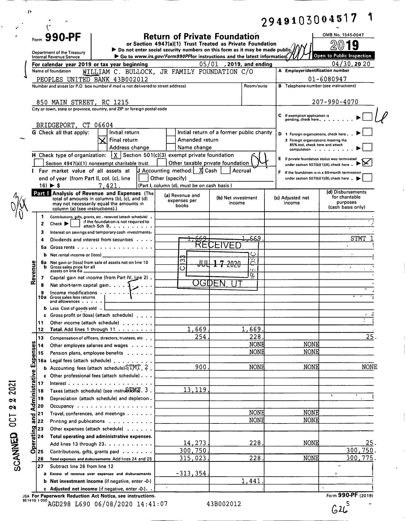 Image of first page of 2019 Form 990PF for William C Bullock JR Family Foundation